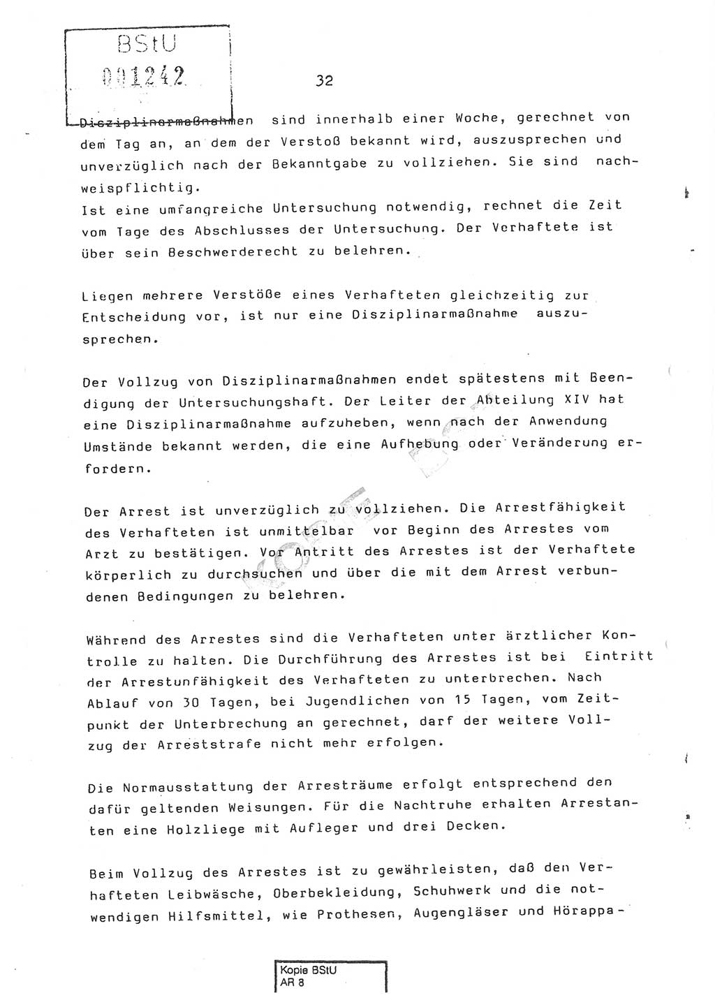 Dienstanweisung Nr. 1/86 über den Vollzug der Untersuchungshaft und die Gewährleistung der Sicherheit in den Untersuchungshaftanstalten (UHA) des Ministeriums für Staatssicherheit (MfS) [Deutsche Demokratische Republik (DDR)], Ministerium für Staatssicherheit, Der Minister, Vertrauliche Verschlußsache (VVS) o008-14/86, Berlin, 29.1.1986, Seite 32 (DA 1/86 DDR MfS Min. VVS o008-14/86 1986, S. 32)