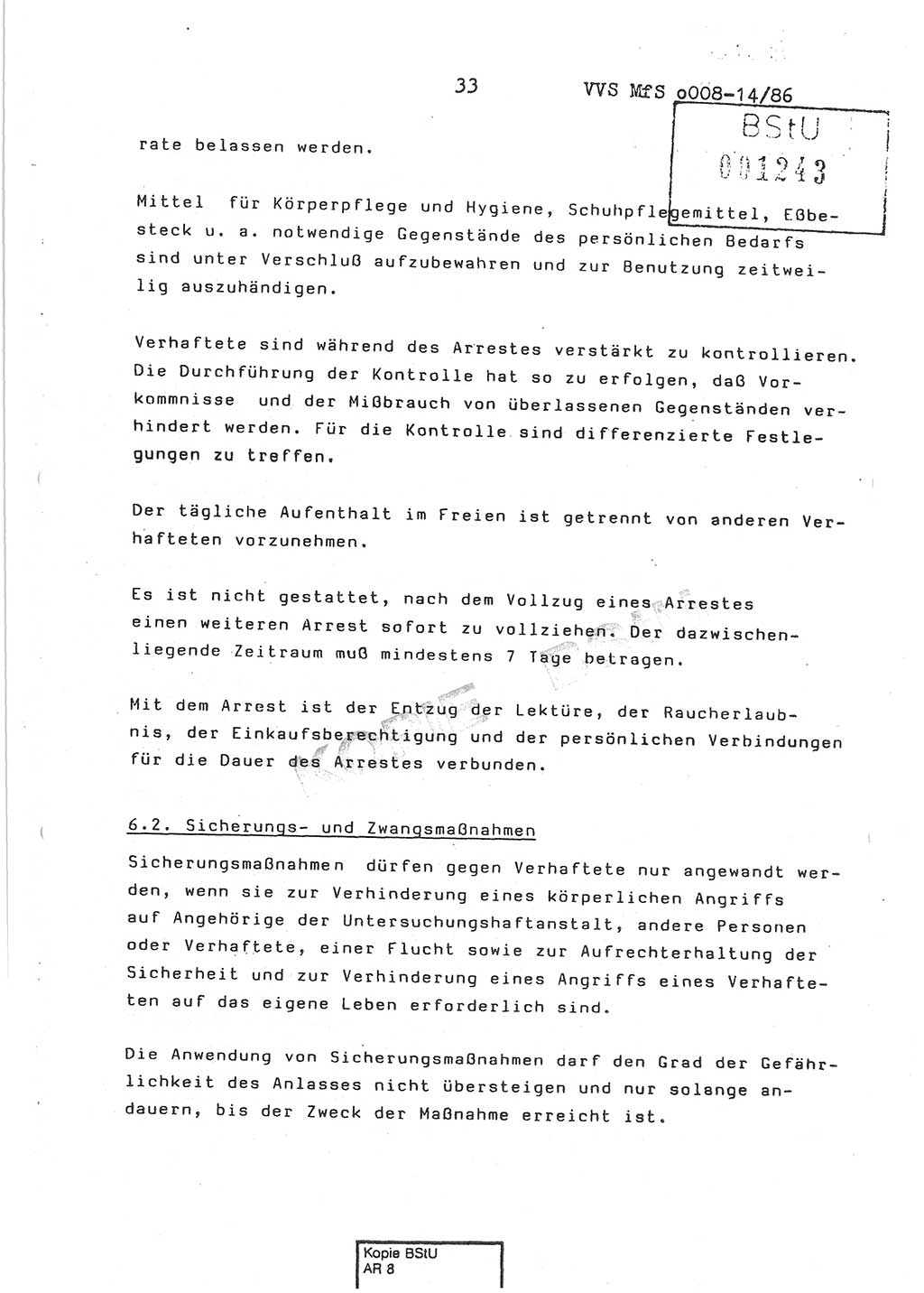 Dienstanweisung Nr. 1/86 über den Vollzug der Untersuchungshaft und die Gewährleistung der Sicherheit in den Untersuchungshaftanstalten (UHA) des Ministeriums für Staatssicherheit (MfS) [Deutsche Demokratische Republik (DDR)], Ministerium für Staatssicherheit, Der Minister, Vertrauliche Verschlußsache (VVS) o008-14/86, Berlin, 29.1.1986, Seite 33 (DA 1/86 DDR MfS Min. VVS o008-14/86 1986, S. 33)