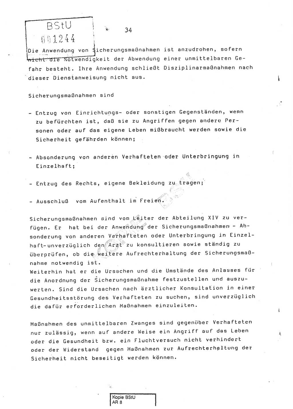 Dienstanweisung Nr. 1/86 über den Vollzug der Untersuchungshaft und die Gewährleistung der Sicherheit in den Untersuchungshaftanstalten (UHA) des Ministeriums für Staatssicherheit (MfS) [Deutsche Demokratische Republik (DDR)], Ministerium für Staatssicherheit, Der Minister, Vertrauliche Verschlußsache (VVS) o008-14/86, Berlin, 29.1.1986, Seite 34 (DA 1/86 DDR MfS Min. VVS o008-14/86 1986, S. 34)