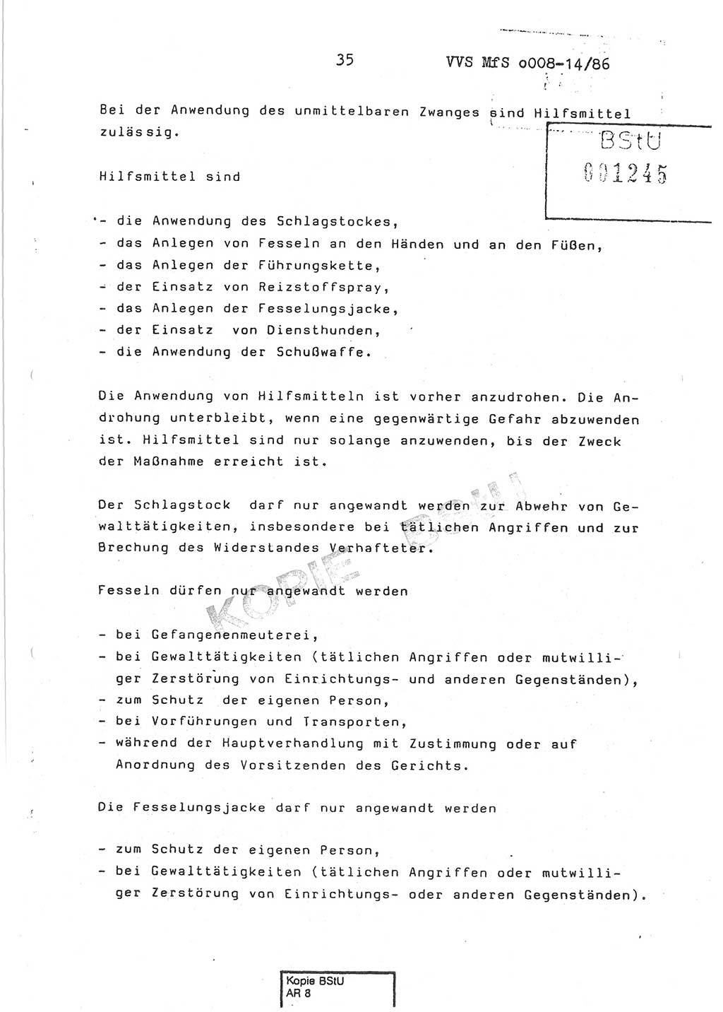 Dienstanweisung Nr. 1/86 über den Vollzug der Untersuchungshaft und die Gewährleistung der Sicherheit in den Untersuchungshaftanstalten (UHA) des Ministeriums für Staatssicherheit (MfS) [Deutsche Demokratische Republik (DDR)], Ministerium für Staatssicherheit, Der Minister, Vertrauliche Verschlußsache (VVS) o008-14/86, Berlin, 29.1.1986, Seite 35 (DA 1/86 DDR MfS Min. VVS o008-14/86 1986, S. 35)