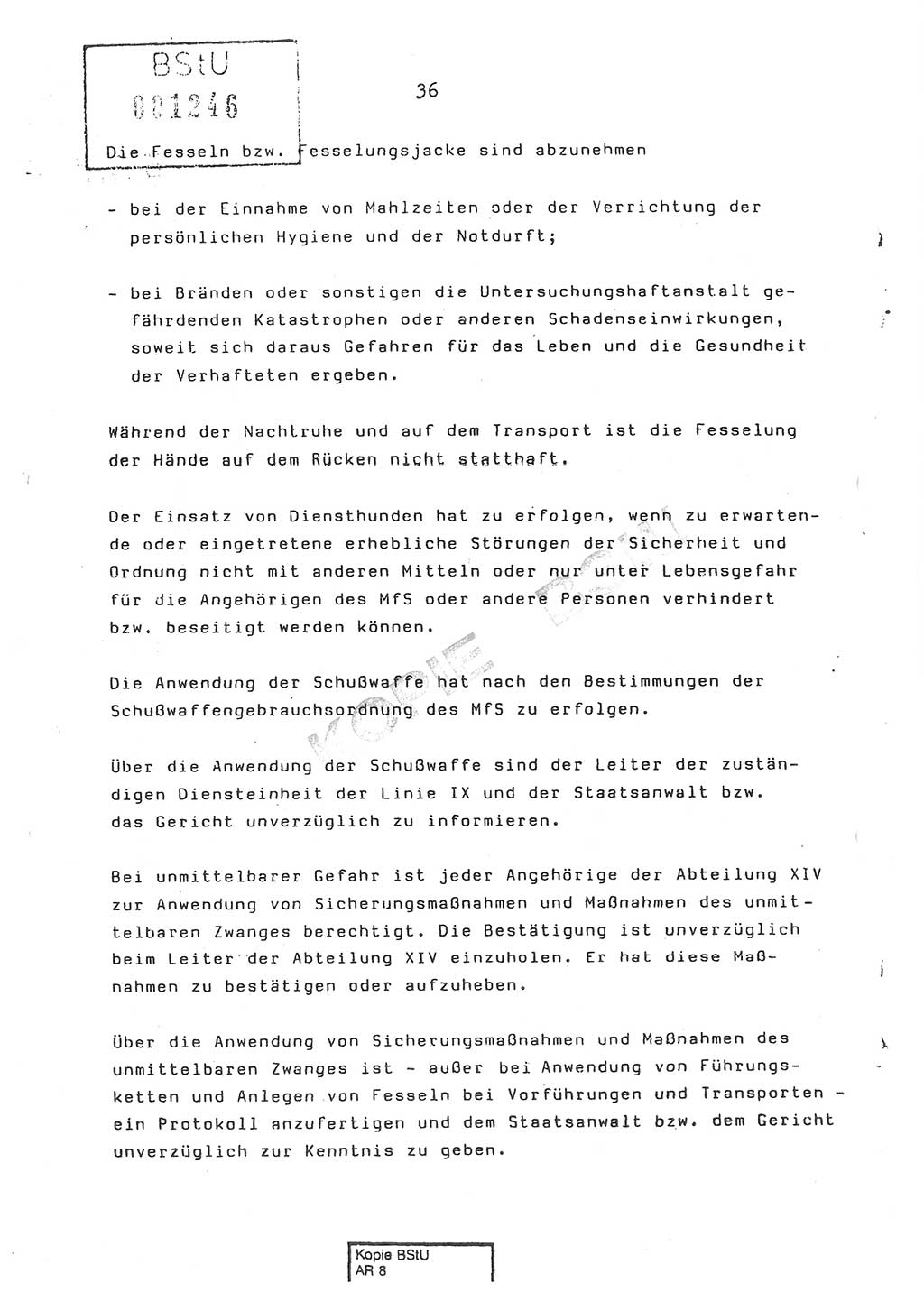 Dienstanweisung Nr. 1/86 über den Vollzug der Untersuchungshaft und die Gewährleistung der Sicherheit in den Untersuchungshaftanstalten (UHA) des Ministeriums für Staatssicherheit (MfS) [Deutsche Demokratische Republik (DDR)], Ministerium für Staatssicherheit, Der Minister, Vertrauliche Verschlußsache (VVS) o008-14/86, Berlin, 29.1.1986, Seite 36 (DA 1/86 DDR MfS Min. VVS o008-14/86 1986, S. 36)