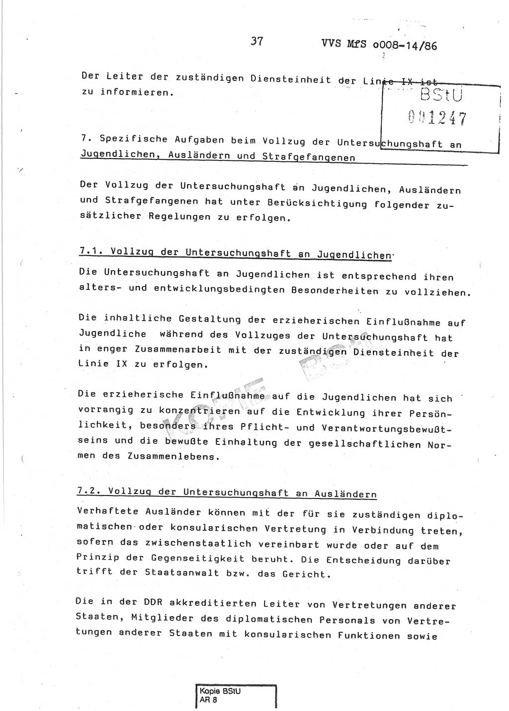 Dienstanweisung Nr. 1/86 über den Vollzug der Untersuchungshaft und die Gewährleistung der Sicherheit in den Untersuchungshaftanstalten (UHA) des Ministeriums für Staatssicherheit (MfS) [Deutsche Demokratische Republik (DDR)], Ministerium für Staatssicherheit, Der Minister, Vertrauliche Verschlußsache (VVS) o008-14/86, Berlin, 29.1.1986, Seite 37 (DA 1/86 DDR MfS Min. VVS o008-14/86 1986, S. 37)