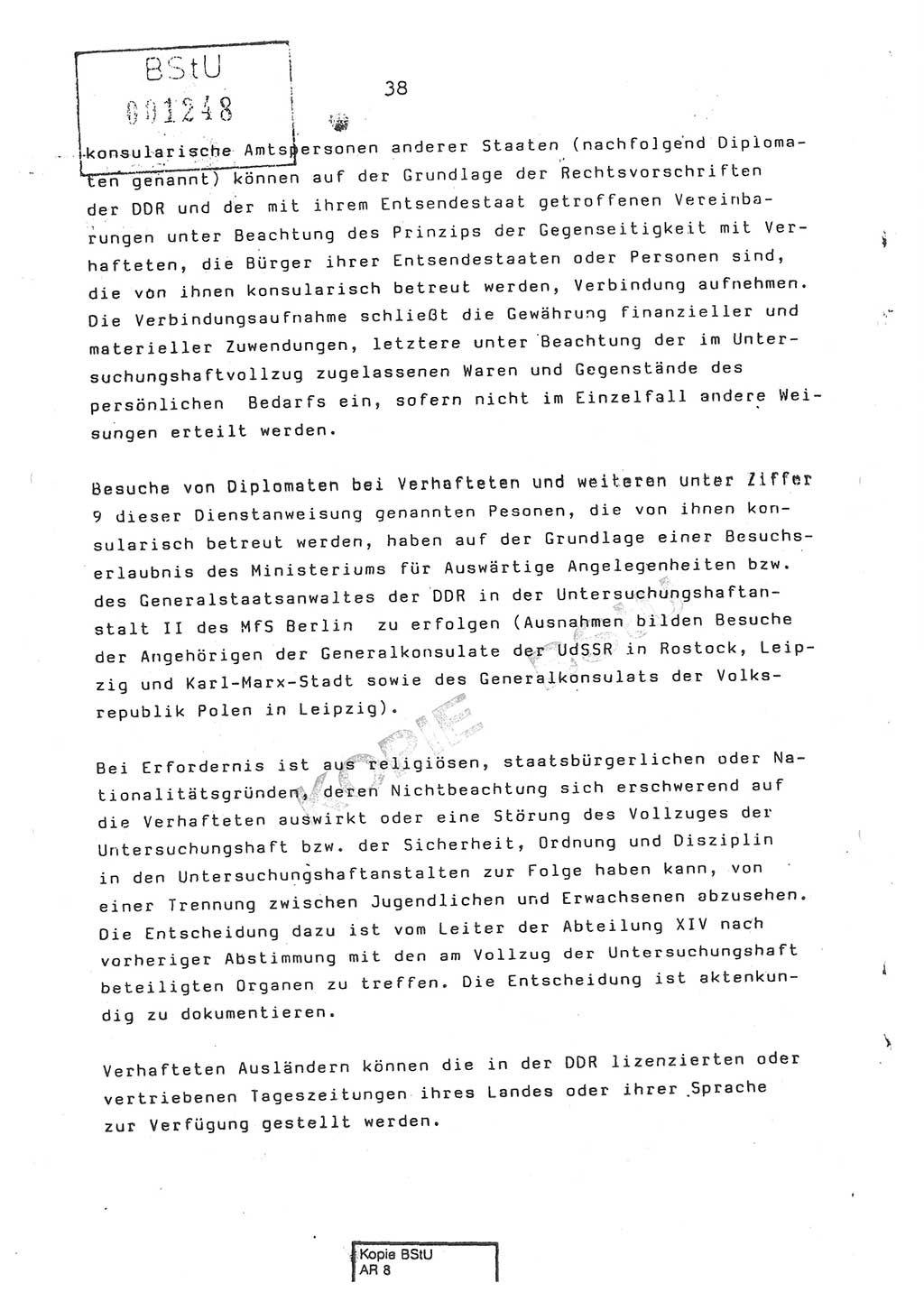 Dienstanweisung Nr. 1/86 über den Vollzug der Untersuchungshaft und die Gewährleistung der Sicherheit in den Untersuchungshaftanstalten (UHA) des Ministeriums für Staatssicherheit (MfS) [Deutsche Demokratische Republik (DDR)], Ministerium für Staatssicherheit, Der Minister, Vertrauliche Verschlußsache (VVS) o008-14/86, Berlin, 29.1.1986, Seite 38 (DA 1/86 DDR MfS Min. VVS o008-14/86 1986, S. 38)