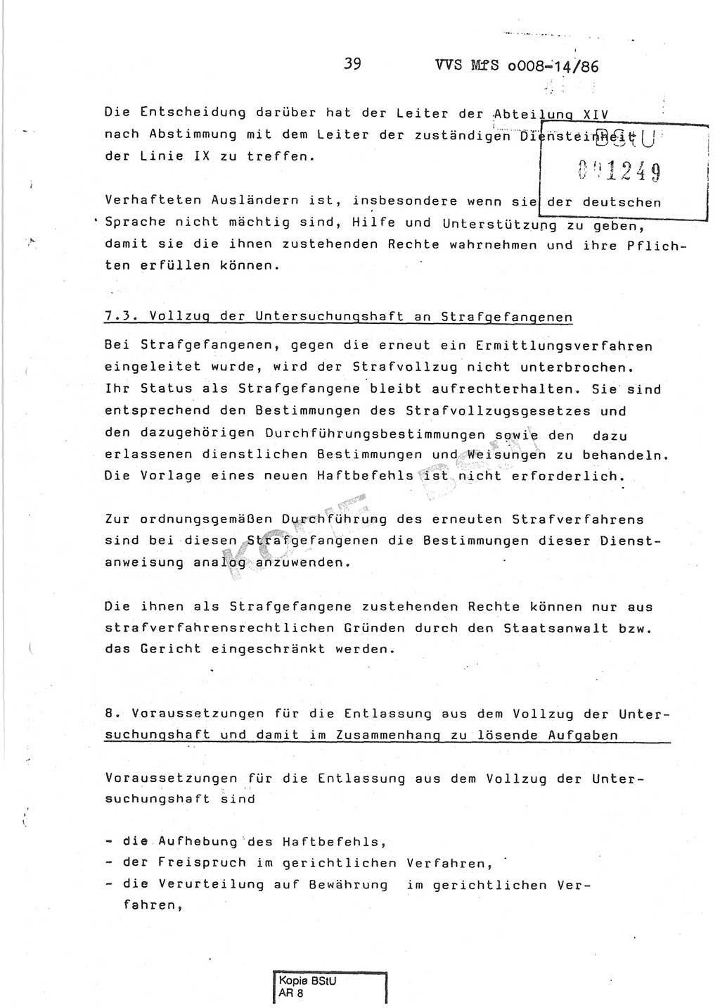 Dienstanweisung Nr. 1/86 über den Vollzug der Untersuchungshaft und die Gewährleistung der Sicherheit in den Untersuchungshaftanstalten (UHA) des Ministeriums für Staatssicherheit (MfS) [Deutsche Demokratische Republik (DDR)], Ministerium für Staatssicherheit, Der Minister, Vertrauliche Verschlußsache (VVS) o008-14/86, Berlin, 29.1.1986, Seite 39 (DA 1/86 DDR MfS Min. VVS o008-14/86 1986, S. 39)