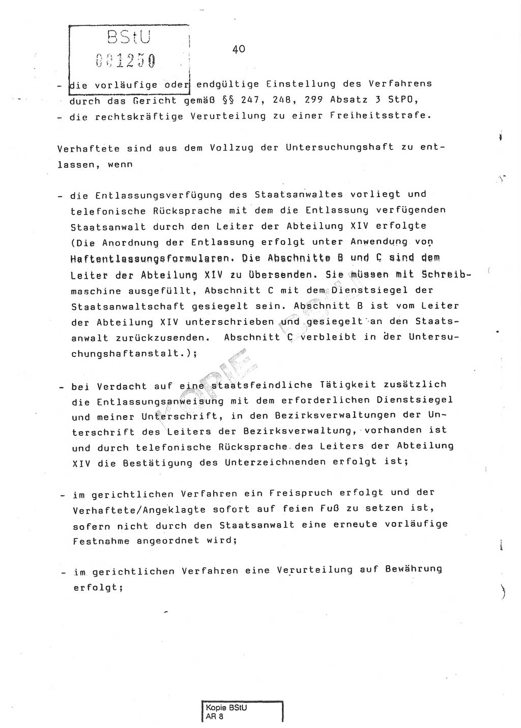 Dienstanweisung Nr. 1/86 über den Vollzug der Untersuchungshaft und die Gewährleistung der Sicherheit in den Untersuchungshaftanstalten (UHA) des Ministeriums für Staatssicherheit (MfS) [Deutsche Demokratische Republik (DDR)], Ministerium für Staatssicherheit, Der Minister, Vertrauliche Verschlußsache (VVS) o008-14/86, Berlin, 29.1.1986, Seite 40 (DA 1/86 DDR MfS Min. VVS o008-14/86 1986, S. 40)