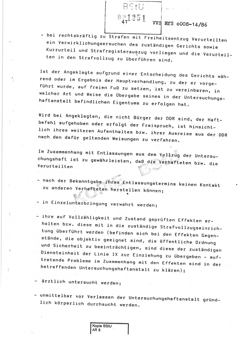 Dienstanweisung Nr. 1/86 über den Vollzug der Untersuchungshaft und die Gewährleistung der Sicherheit in den Untersuchungshaftanstalten (UHA) des Ministeriums für Staatssicherheit (MfS) [Deutsche Demokratische Republik (DDR)], Ministerium für Staatssicherheit, Der Minister, Vertrauliche Verschlußsache (VVS) o008-14/86, Berlin, 29.1.1986, Seite 41 (DA 1/86 DDR MfS Min. VVS o008-14/86 1986, S. 41)