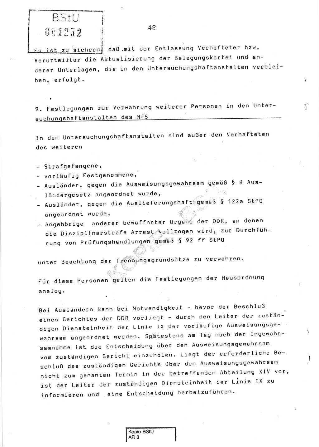 Dienstanweisung Nr. 1/86 über den Vollzug der Untersuchungshaft und die Gewährleistung der Sicherheit in den Untersuchungshaftanstalten (UHA) des Ministeriums für Staatssicherheit (MfS) [Deutsche Demokratische Republik (DDR)], Ministerium für Staatssicherheit, Der Minister, Vertrauliche Verschlußsache (VVS) o008-14/86, Berlin, 29.1.1986, Seite 42 (DA 1/86 DDR MfS Min. VVS o008-14/86 1986, S. 42)