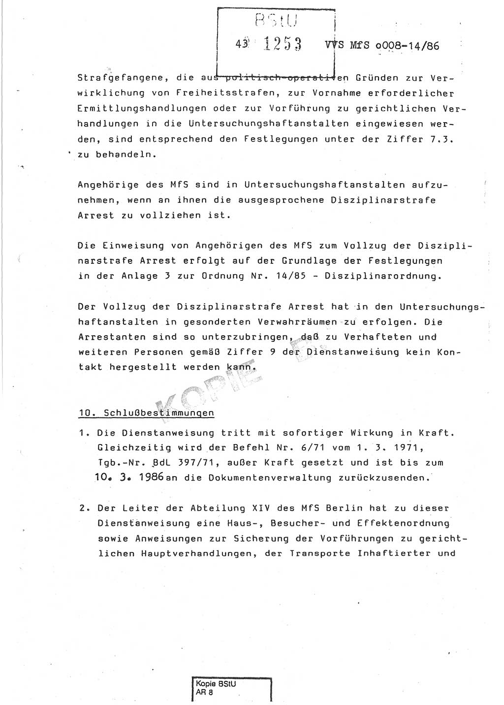 Dienstanweisung Nr. 1/86 über den Vollzug der Untersuchungshaft und die Gewährleistung der Sicherheit in den Untersuchungshaftanstalten (UHA) des Ministeriums für Staatssicherheit (MfS) [Deutsche Demokratische Republik (DDR)], Ministerium für Staatssicherheit, Der Minister, Vertrauliche Verschlußsache (VVS) o008-14/86, Berlin, 29.1.1986, Seite 43 (DA 1/86 DDR MfS Min. VVS o008-14/86 1986, S. 43)