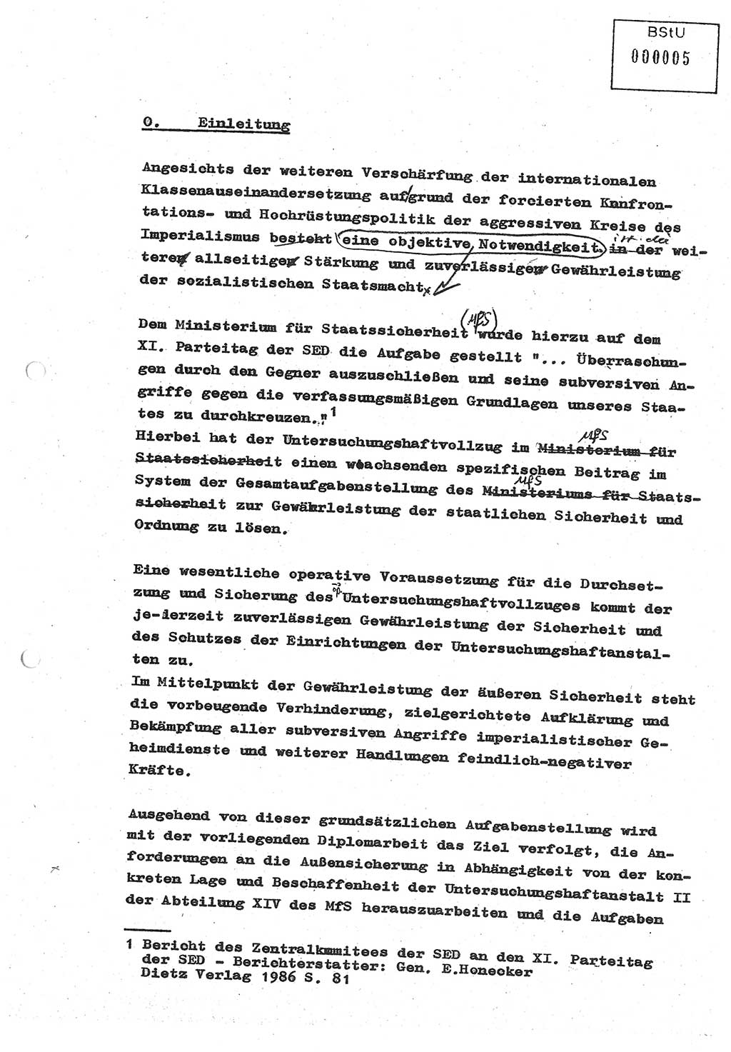 Diplomarbeit (Entwurf) Oberleutnant Peter Parke (Abt. ⅩⅣ), Ministerium für Staatssicherheit (MfS) [Deutsche Demokratische Republik (DDR)], Juristische Hochschule (JHS), Geheime Verschlußsache (GVS) o001-98/86, Potsdam 1986, Seite 5 (Dipl.-Arb. MfS DDR JHS GVS o001-98/86 1986, S. 5)