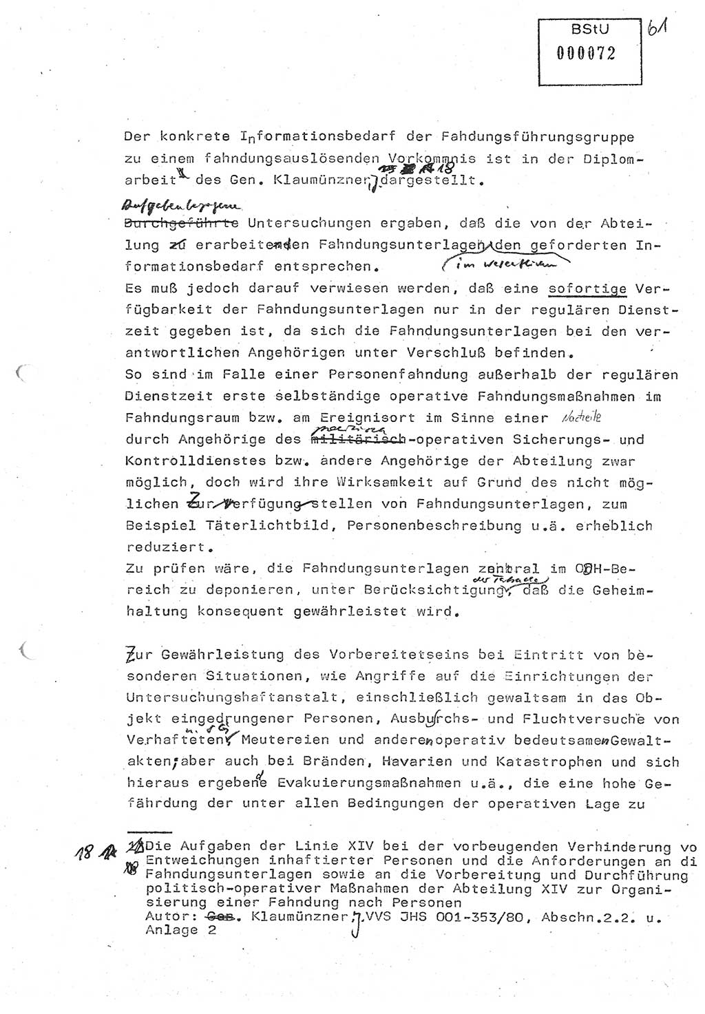 Diplomarbeit (Entwurf) Oberleutnant Peter Parke (Abt. ⅩⅣ), Ministerium für Staatssicherheit (MfS) [Deutsche Demokratische Republik (DDR)], Juristische Hochschule (JHS), Geheime Verschlußsache (GVS) o001-98/86, Potsdam 1986, Seite 72 (Dipl.-Arb. MfS DDR JHS GVS o001-98/86 1986, S. 72)