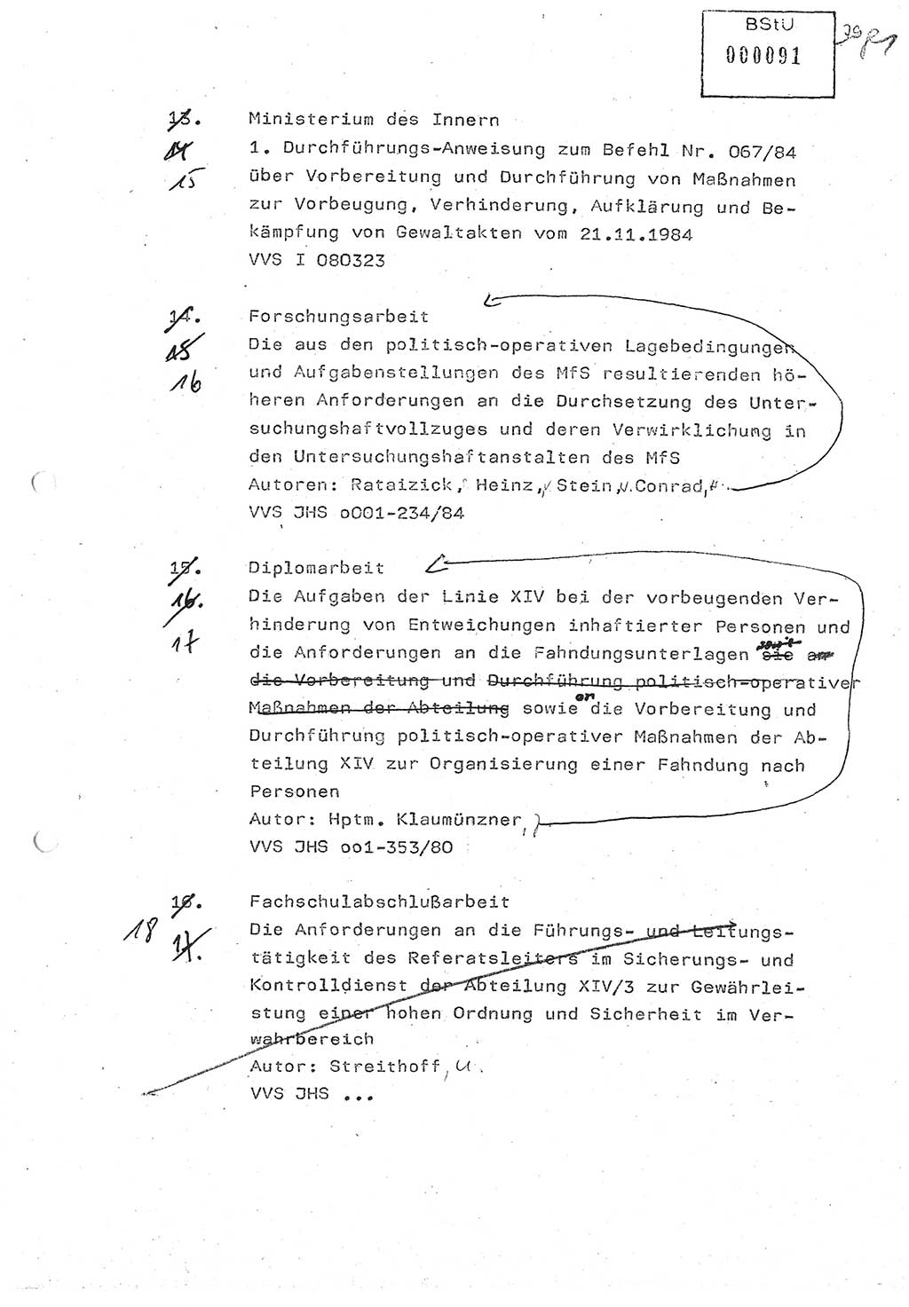 Diplomarbeit (Entwurf) Oberleutnant Peter Parke (Abt. ⅩⅣ), Ministerium für Staatssicherheit (MfS) [Deutsche Demokratische Republik (DDR)], Juristische Hochschule (JHS), Geheime Verschlußsache (GVS) o001-98/86, Potsdam 1986, Seite 91 (Dipl.-Arb. MfS DDR JHS GVS o001-98/86 1986, S. 91)