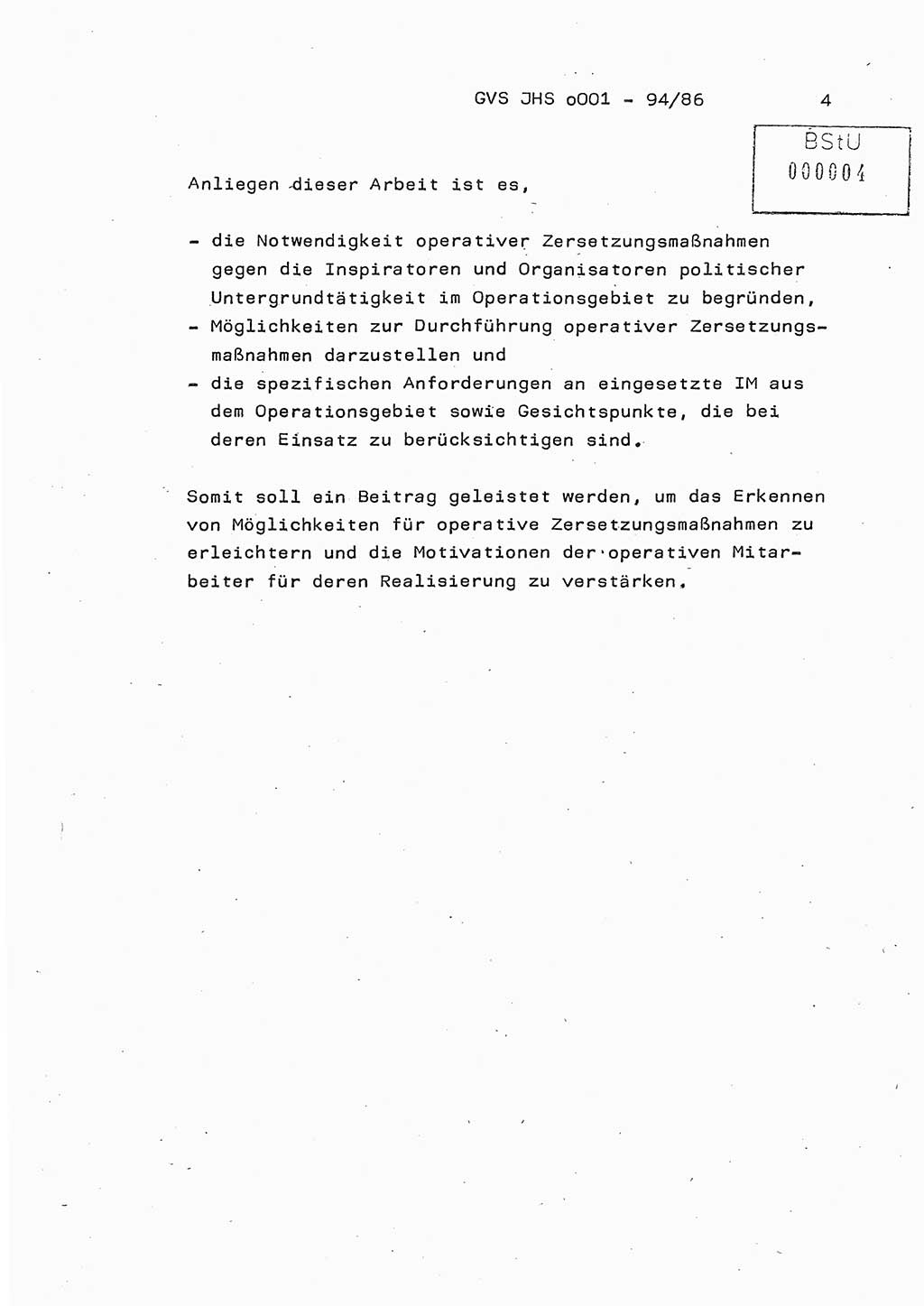 Diplomarbeit Oberleutnant Volkmar Pechmann (HA ⅩⅩ/5), Ministerium für Staatssicherheit (MfS) [Deutsche Demokratische Republik (DDR)], Juristische Hochschule (JHS), Geheime Verschlußsache (GVS) o001-94/86, Potsdam 1986, Blatt 4 (Dipl.-Arb. MfS DDR JHS GVS o001-94/86 1986, Bl. 4)