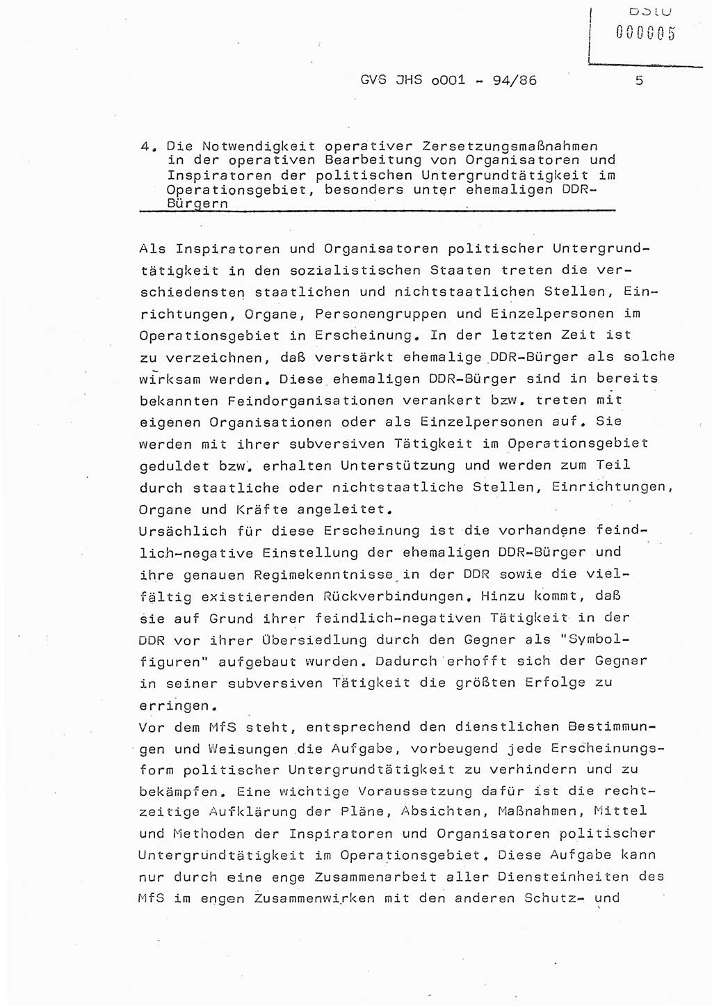 Diplomarbeit Oberleutnant Volkmar Pechmann (HA ⅩⅩ/5), Ministerium für Staatssicherheit (MfS) [Deutsche Demokratische Republik (DDR)], Juristische Hochschule (JHS), Geheime Verschlußsache (GVS) o001-94/86, Potsdam 1986, Blatt 5 (Dipl.-Arb. MfS DDR JHS GVS o001-94/86 1986, Bl. 5)