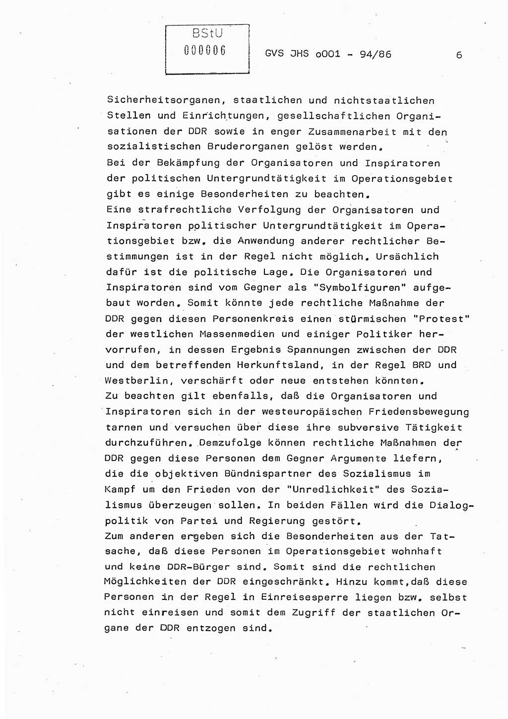 Diplomarbeit Oberleutnant Volkmar Pechmann (HA ⅩⅩ/5), Ministerium für Staatssicherheit (MfS) [Deutsche Demokratische Republik (DDR)], Juristische Hochschule (JHS), Geheime Verschlußsache (GVS) o001-94/86, Potsdam 1986, Blatt 6 (Dipl.-Arb. MfS DDR JHS GVS o001-94/86 1986, Bl. 6)