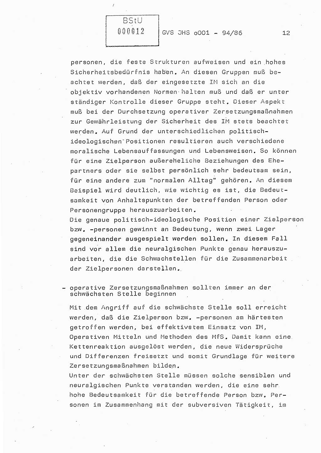 Diplomarbeit Oberleutnant Volkmar Pechmann (HA ⅩⅩ/5), Ministerium für Staatssicherheit (MfS) [Deutsche Demokratische Republik (DDR)], Juristische Hochschule (JHS), Geheime Verschlußsache (GVS) o001-94/86, Potsdam 1986, Blatt 12 (Dipl.-Arb. MfS DDR JHS GVS o001-94/86 1986, Bl. 12)
