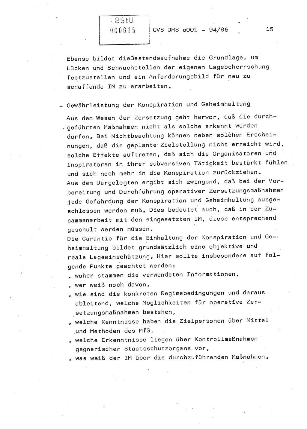 Diplomarbeit Oberleutnant Volkmar Pechmann (HA ⅩⅩ/5), Ministerium für Staatssicherheit (MfS) [Deutsche Demokratische Republik (DDR)], Juristische Hochschule (JHS), Geheime Verschlußsache (GVS) o001-94/86, Potsdam 1986, Blatt 15 (Dipl.-Arb. MfS DDR JHS GVS o001-94/86 1986, Bl. 15)
