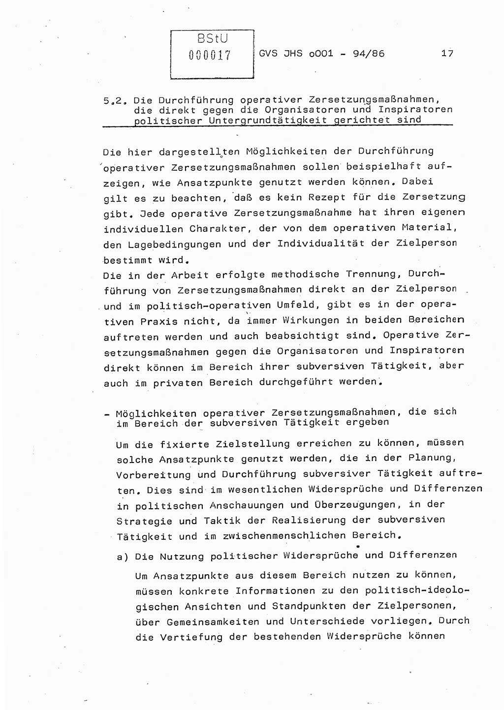 Diplomarbeit Oberleutnant Volkmar Pechmann (HA ⅩⅩ/5), Ministerium für Staatssicherheit (MfS) [Deutsche Demokratische Republik (DDR)], Juristische Hochschule (JHS), Geheime Verschlußsache (GVS) o001-94/86, Potsdam 1986, Blatt 17 (Dipl.-Arb. MfS DDR JHS GVS o001-94/86 1986, Bl. 17)
