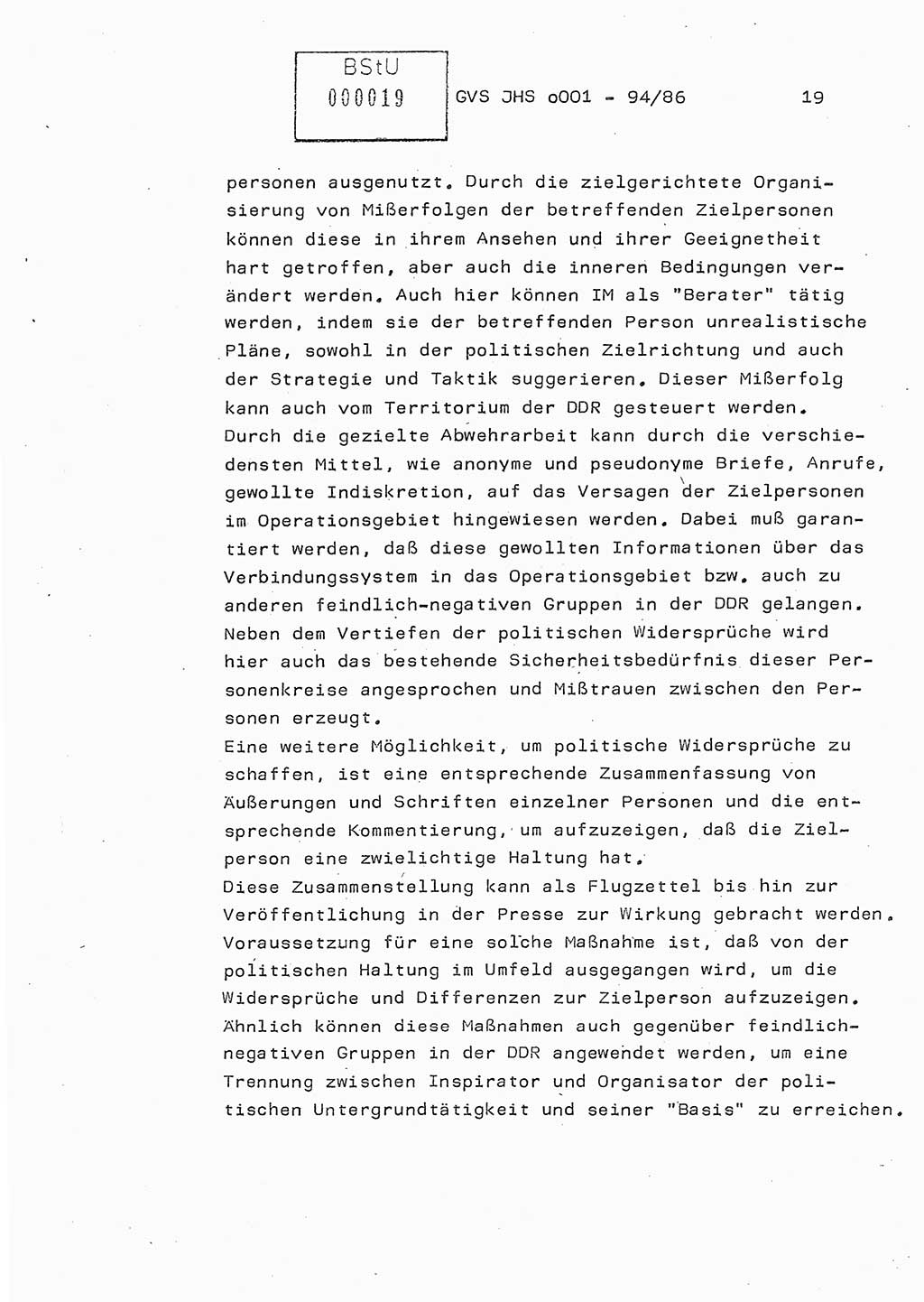 Diplomarbeit Oberleutnant Volkmar Pechmann (HA ⅩⅩ/5), Ministerium für Staatssicherheit (MfS) [Deutsche Demokratische Republik (DDR)], Juristische Hochschule (JHS), Geheime Verschlußsache (GVS) o001-94/86, Potsdam 1986, Blatt 19 (Dipl.-Arb. MfS DDR JHS GVS o001-94/86 1986, Bl. 19)