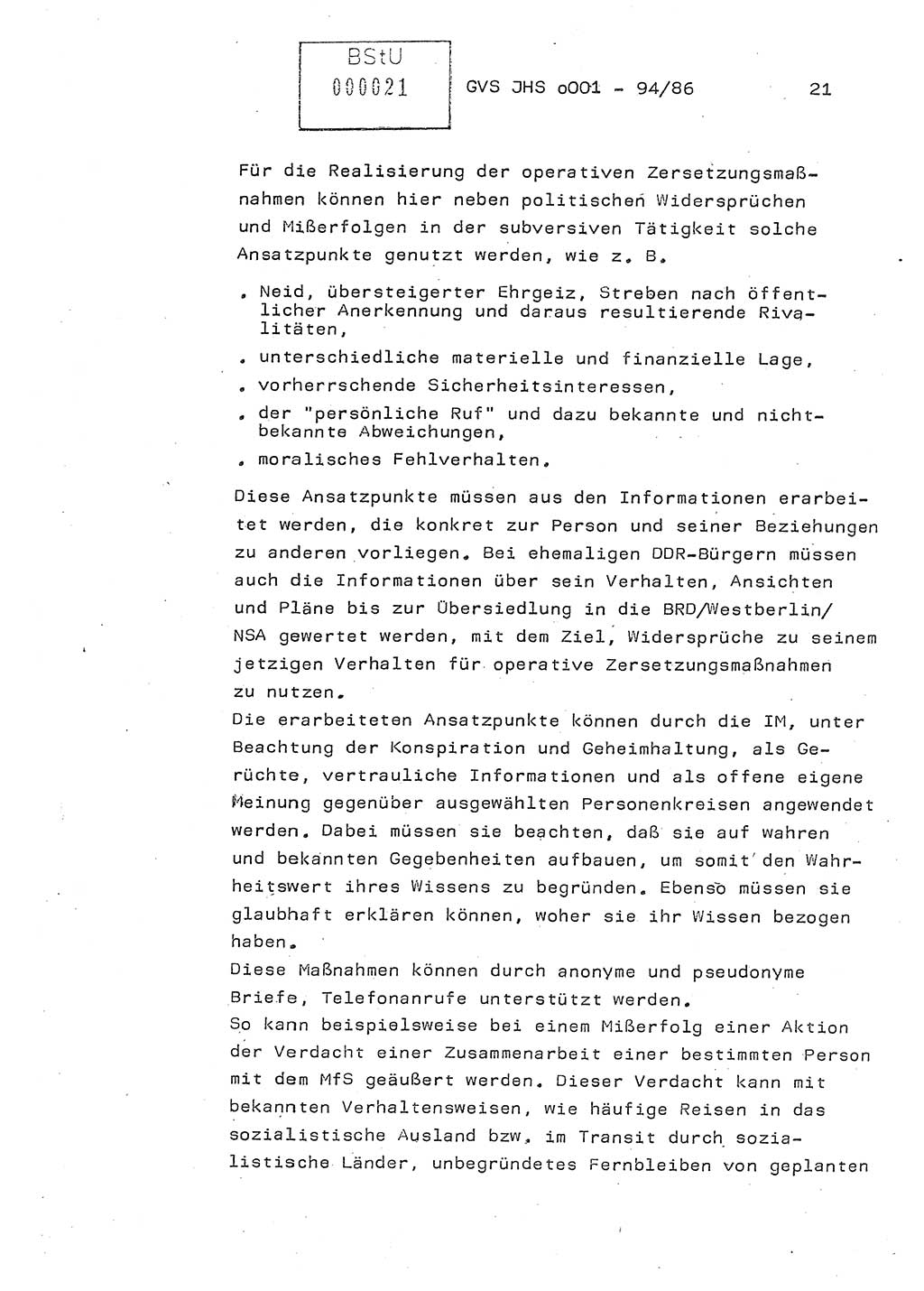 Diplomarbeit Oberleutnant Volkmar Pechmann (HA ⅩⅩ/5), Ministerium für Staatssicherheit (MfS) [Deutsche Demokratische Republik (DDR)], Juristische Hochschule (JHS), Geheime Verschlußsache (GVS) o001-94/86, Potsdam 1986, Blatt 21 (Dipl.-Arb. MfS DDR JHS GVS o001-94/86 1986, Bl. 21)