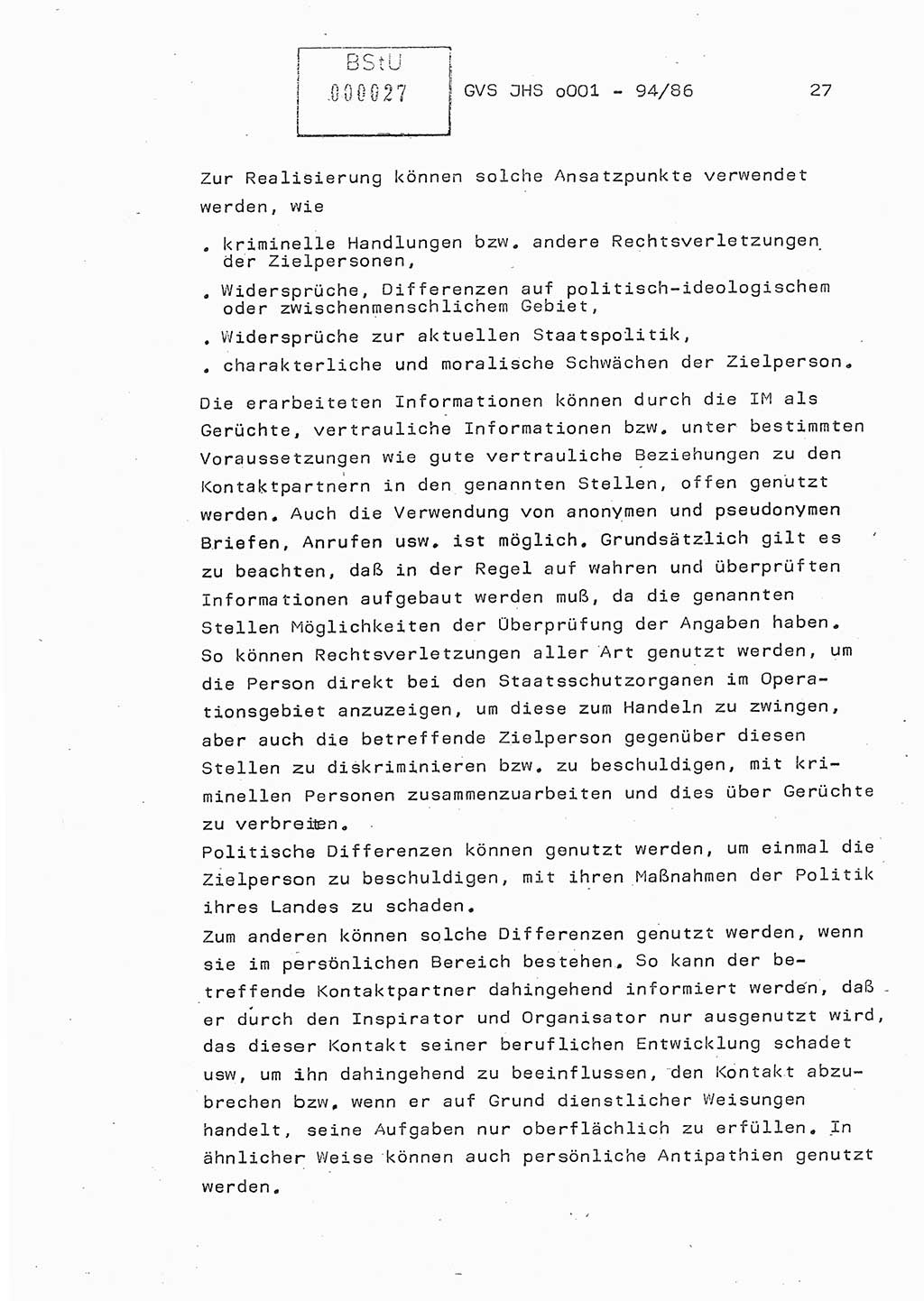 Diplomarbeit Oberleutnant Volkmar Pechmann (HA ⅩⅩ/5), Ministerium für Staatssicherheit (MfS) [Deutsche Demokratische Republik (DDR)], Juristische Hochschule (JHS), Geheime Verschlußsache (GVS) o001-94/86, Potsdam 1986, Blatt 27 (Dipl.-Arb. MfS DDR JHS GVS o001-94/86 1986, Bl. 27)