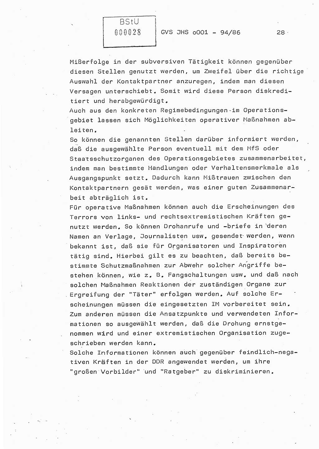 Diplomarbeit Oberleutnant Volkmar Pechmann (HA ⅩⅩ/5), Ministerium für Staatssicherheit (MfS) [Deutsche Demokratische Republik (DDR)], Juristische Hochschule (JHS), Geheime Verschlußsache (GVS) o001-94/86, Potsdam 1986, Blatt 28 (Dipl.-Arb. MfS DDR JHS GVS o001-94/86 1986, Bl. 28)