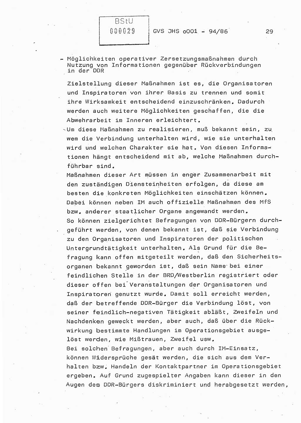 Diplomarbeit Oberleutnant Volkmar Pechmann (HA ⅩⅩ/5), Ministerium für Staatssicherheit (MfS) [Deutsche Demokratische Republik (DDR)], Juristische Hochschule (JHS), Geheime Verschlußsache (GVS) o001-94/86, Potsdam 1986, Blatt 29 (Dipl.-Arb. MfS DDR JHS GVS o001-94/86 1986, Bl. 29)