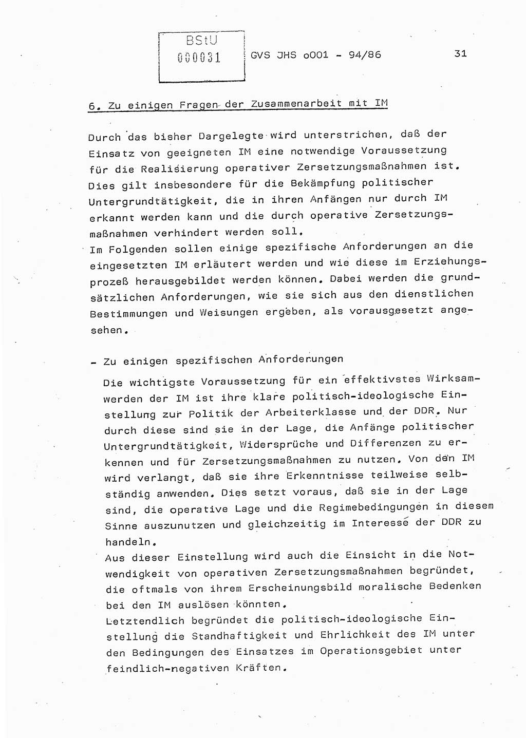 Diplomarbeit Oberleutnant Volkmar Pechmann (HA ⅩⅩ/5), Ministerium für Staatssicherheit (MfS) [Deutsche Demokratische Republik (DDR)], Juristische Hochschule (JHS), Geheime Verschlußsache (GVS) o001-94/86, Potsdam 1986, Blatt 31 (Dipl.-Arb. MfS DDR JHS GVS o001-94/86 1986, Bl. 31)