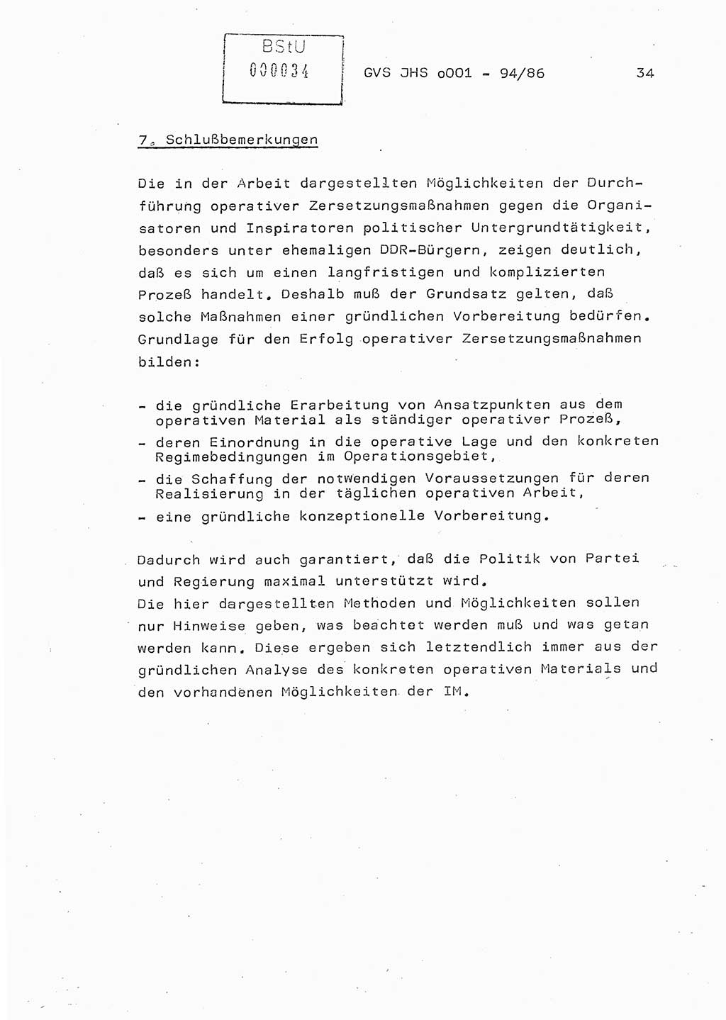 Diplomarbeit Oberleutnant Volkmar Pechmann (HA ⅩⅩ/5), Ministerium für Staatssicherheit (MfS) [Deutsche Demokratische Republik (DDR)], Juristische Hochschule (JHS), Geheime Verschlußsache (GVS) o001-94/86, Potsdam 1986, Blatt 34 (Dipl.-Arb. MfS DDR JHS GVS o001-94/86 1986, Bl. 34)