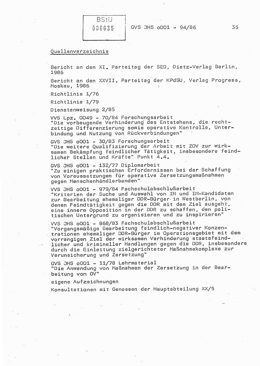 Diplomarbeit Oberleutnant Volkmar Pechmann (HA ⅩⅩ/5), Ministerium für Staatssicherheit (MfS) [Deutsche Demokratische Republik (DDR)], Juristische Hochschule (JHS), Geheime Verschlußsache (GVS) o001-94/86, Potsdam 1986, Blatt 35 (Dipl.-Arb. MfS DDR JHS GVS o001-94/86 1986, Bl. 35)