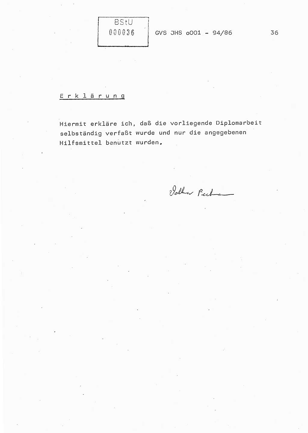 Diplomarbeit Oberleutnant Volkmar Pechmann (HA ⅩⅩ/5), Ministerium für Staatssicherheit (MfS) [Deutsche Demokratische Republik (DDR)], Juristische Hochschule (JHS), Geheime Verschlußsache (GVS) o001-94/86, Potsdam 1986, Blatt 36 (Dipl.-Arb. MfS DDR JHS GVS o001-94/86 1986, Bl. 36)