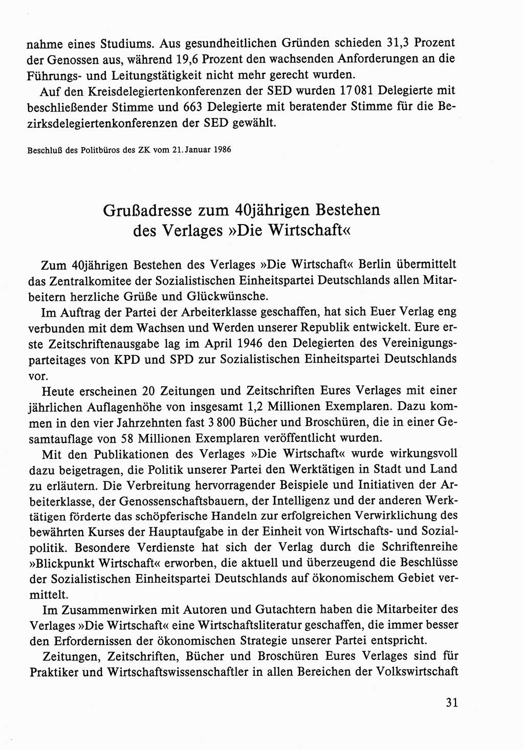 Dokumente der Sozialistischen Einheitspartei Deutschlands (SED) [Deutsche Demokratische Republik (DDR)] 1986-1987, Seite 31 (Dok. SED DDR 1986-1987, S. 31)