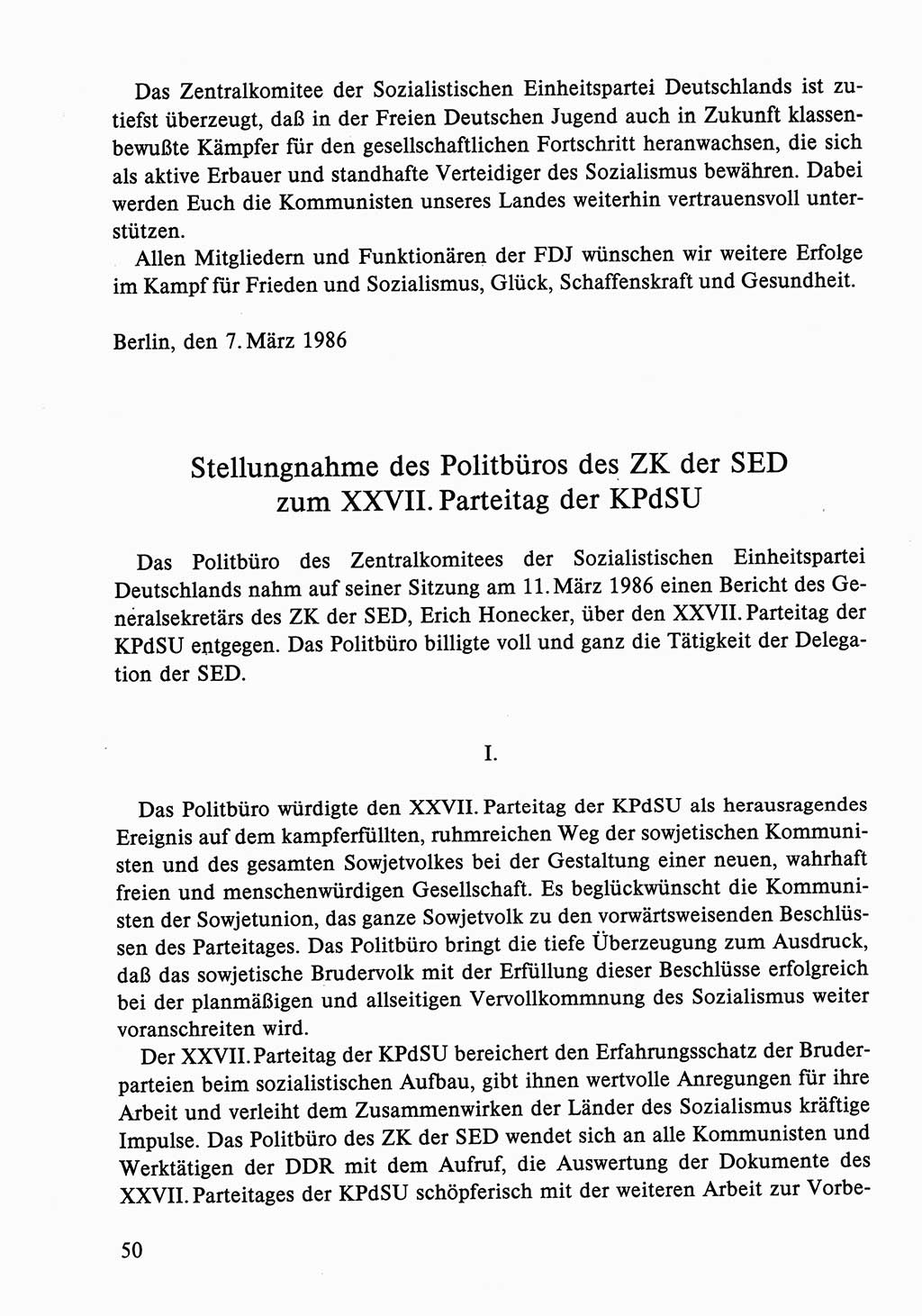 Dokumente der Sozialistischen Einheitspartei Deutschlands (SED) [Deutsche Demokratische Republik (DDR)] 1986-1987, Seite 50 (Dok. SED DDR 1986-1987, S. 50)