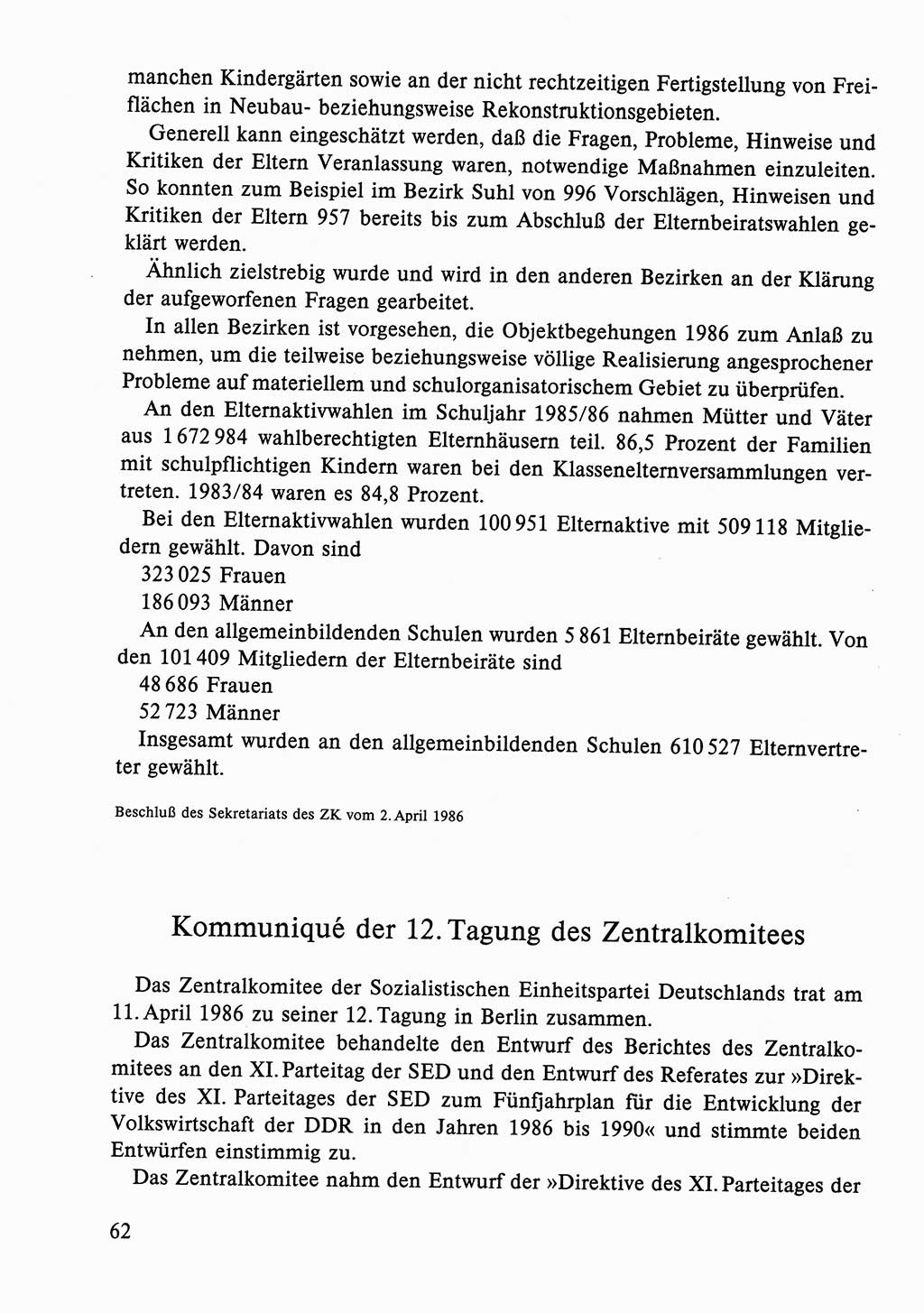 Dokumente der Sozialistischen Einheitspartei Deutschlands (SED) [Deutsche Demokratische Republik (DDR)] 1986-1987, Seite 62 (Dok. SED DDR 1986-1987, S. 62)