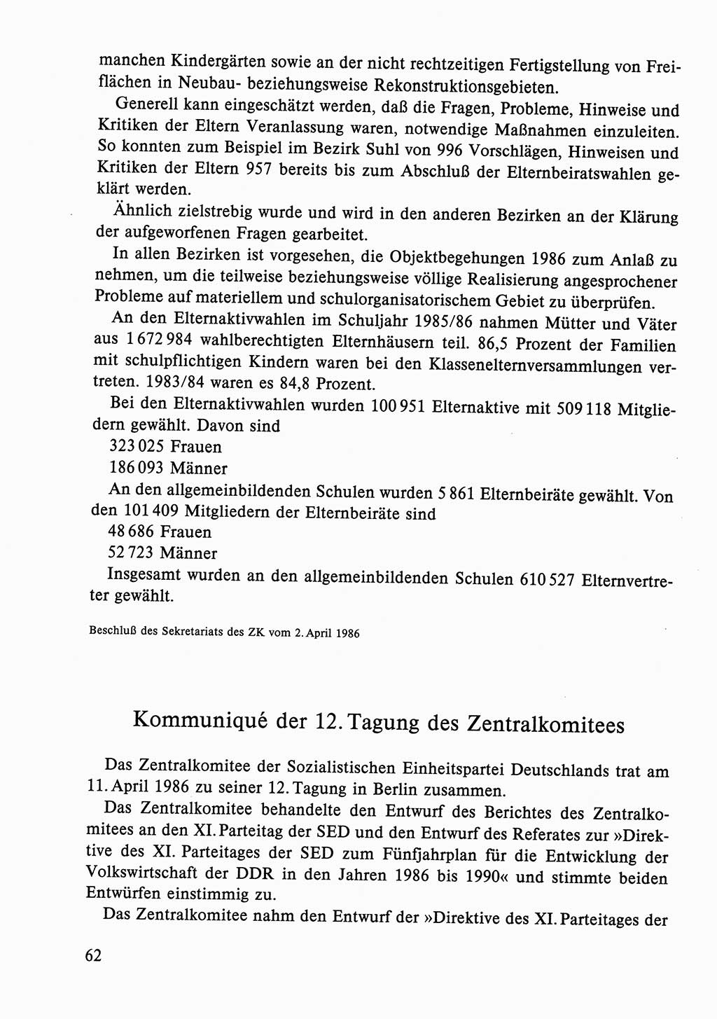 Dokumente der Sozialistischen Einheitspartei Deutschlands (SED) [Deutsche Demokratische Republik (DDR)] 1986-1987, Seite 62 (Dok. SED DDR 1986-1987, S. 62)