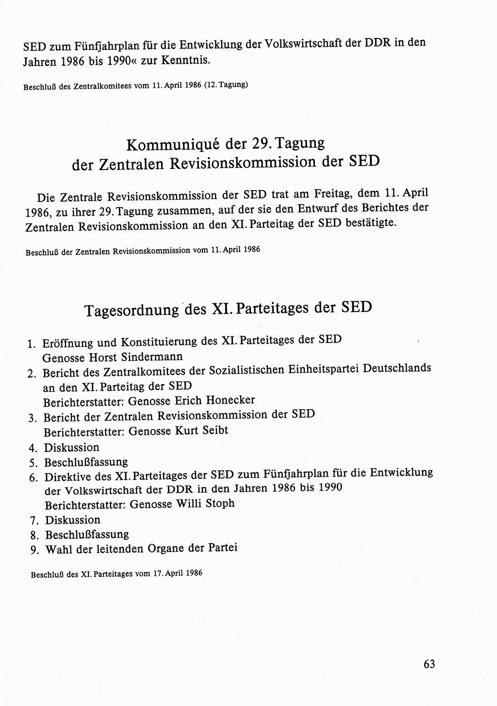 Dokumente der Sozialistischen Einheitspartei Deutschlands (SED) [Deutsche Demokratische Republik (DDR)] 1986-1987, Seite 63 (Dok. SED DDR 1986-1987, S. 63)