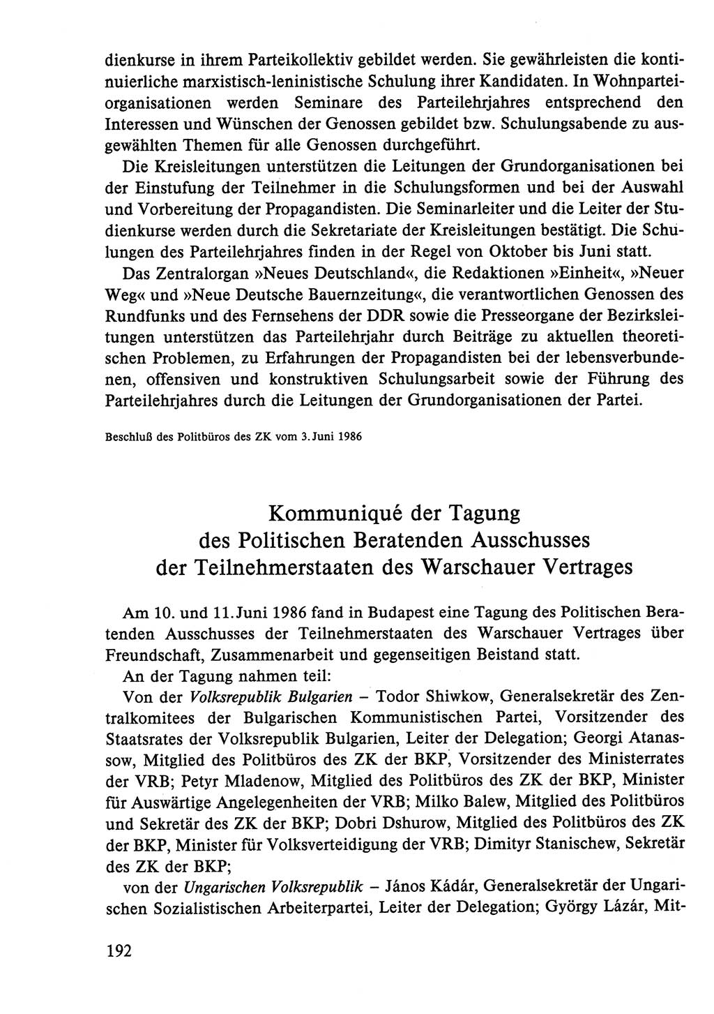 Dokumente der Sozialistischen Einheitspartei Deutschlands (SED) [Deutsche Demokratische Republik (DDR)] 1986-1987, Seite 192 (Dok. SED DDR 1986-1987, S. 192)