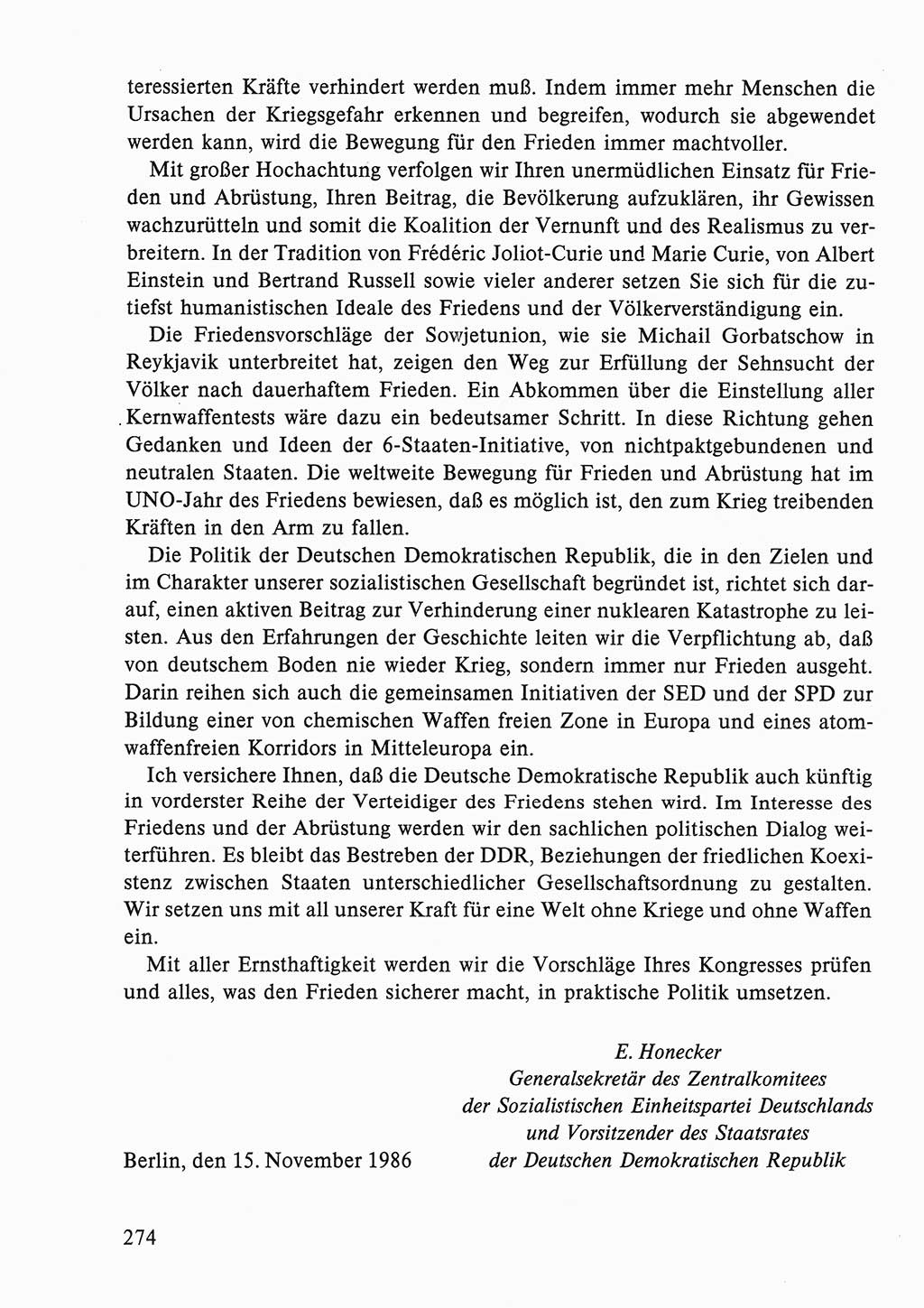 Dokumente der Sozialistischen Einheitspartei Deutschlands (SED) [Deutsche Demokratische Republik (DDR)] 1986-1987, Seite 274 (Dok. SED DDR 1986-1987, S. 274)