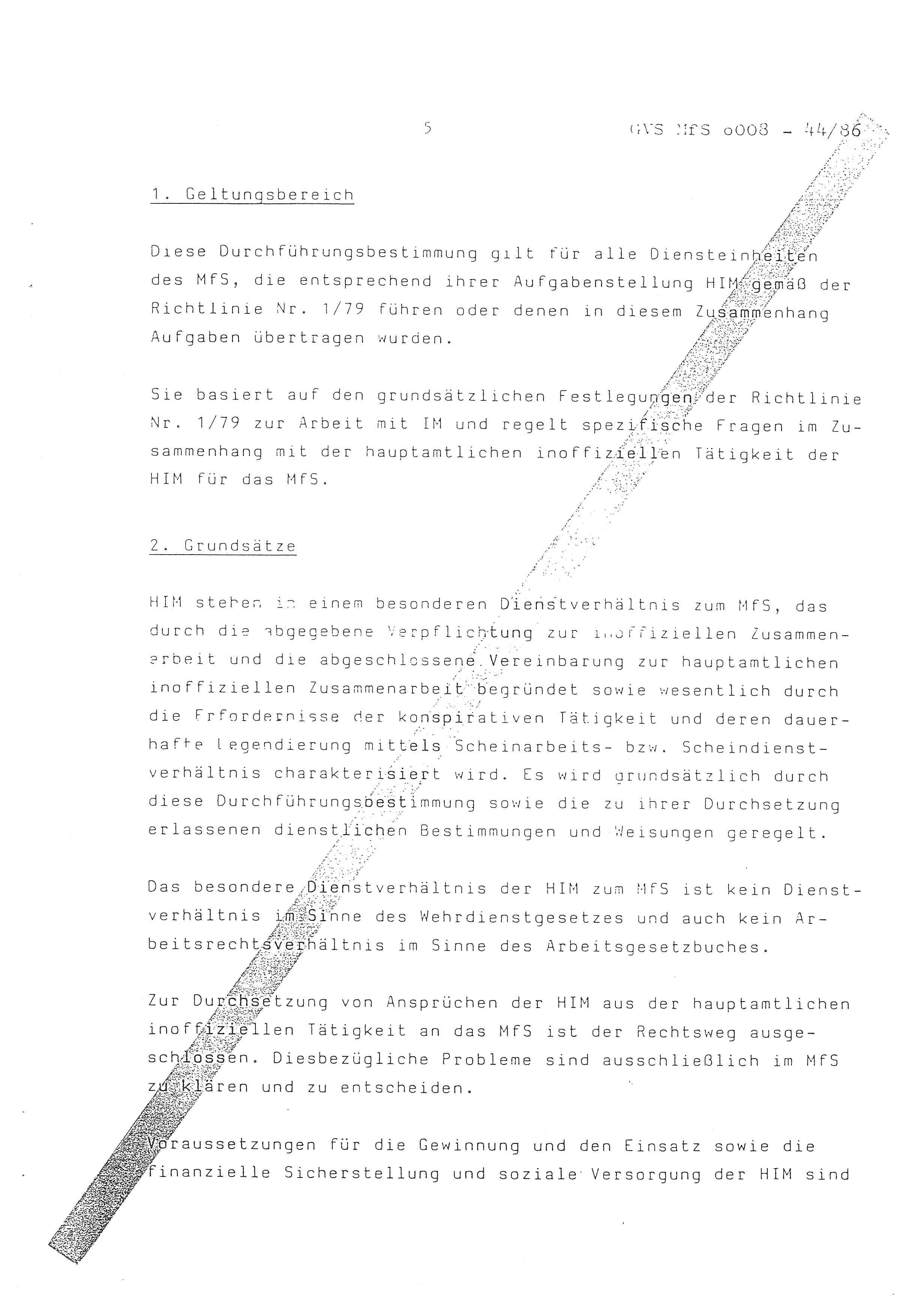 2. Durchführungsbestimmung zur Richtlinie 1/79 über die Arbeit mit hauptamtlichen Mitarbeitern des MfS (HIM), Deutsche Demokratische Republik (DDR), Ministerium für Staatssicherheit (MfS), Der Minister (Mielke), Geheime Verschlußsache (GVS) ooo8-44/86, Berlin 1986, Seite 5 (2. DB RL 1/79 DDR MfS Min. GVS ooo8-44/86 1986, S. 5)