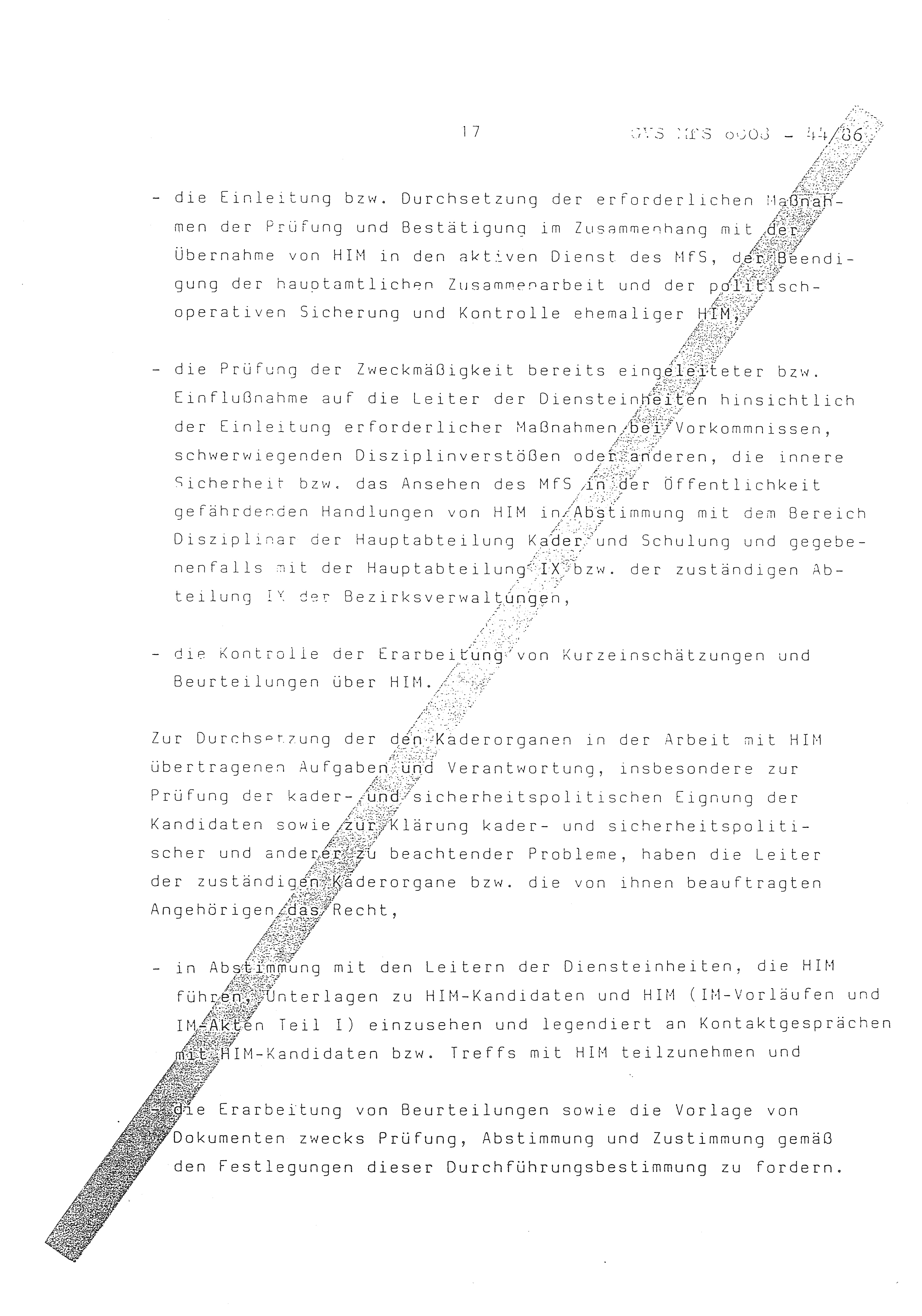 2. Durchführungsbestimmung zur Richtlinie 1/79 über die Arbeit mit hauptamtlichen Mitarbeitern des MfS (HIM), Deutsche Demokratische Republik (DDR), Ministerium für Staatssicherheit (MfS), Der Minister (Mielke), Geheime Verschlußsache (GVS) ooo8-44/86, Berlin 1986, Seite 17 (2. DB RL 1/79 DDR MfS Min. GVS ooo8-44/86 1986, S. 17)