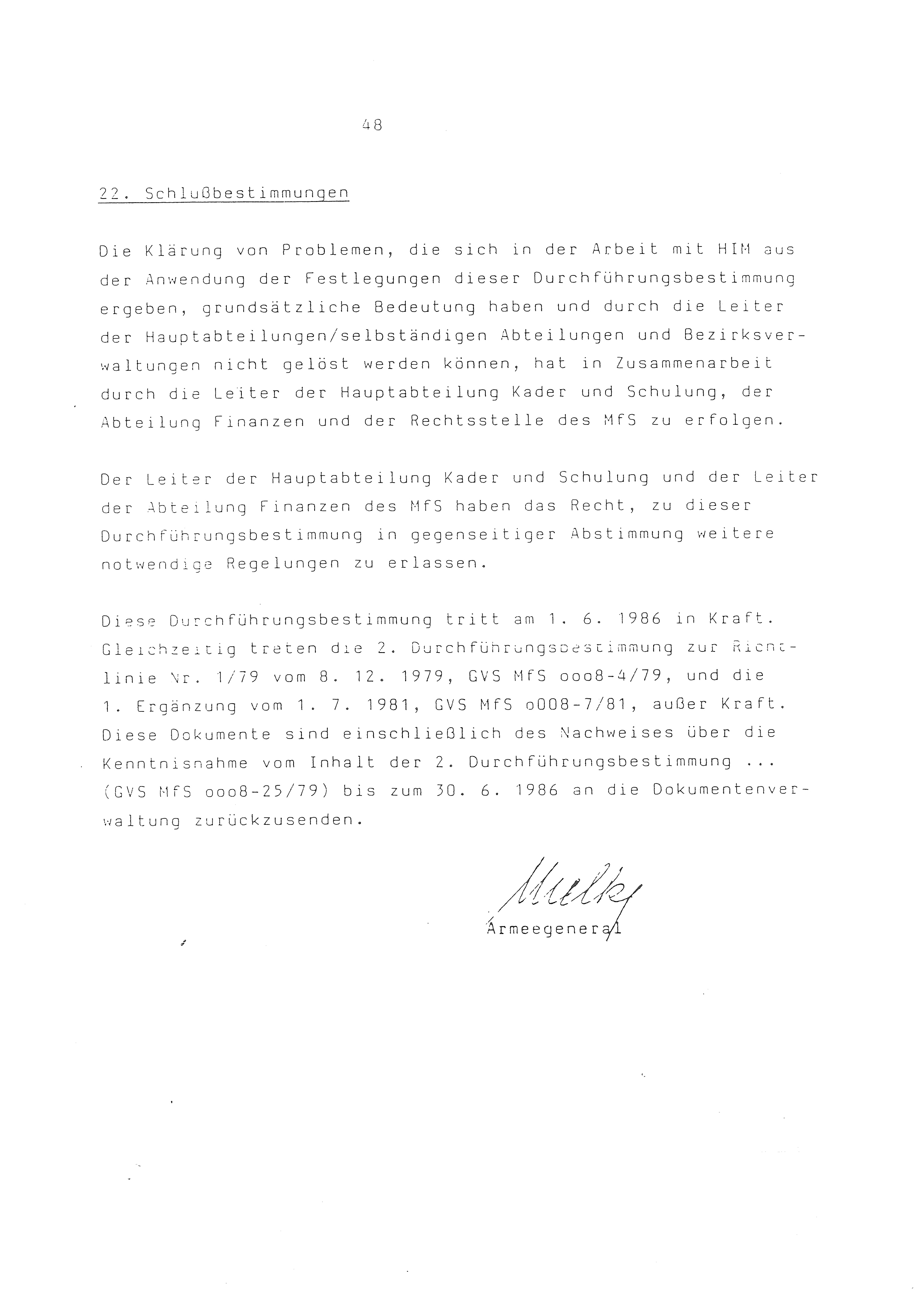 2. Durchführungsbestimmung zur Richtlinie 1/79 über die Arbeit mit hauptamtlichen Mitarbeitern des MfS (HIM), Deutsche Demokratische Republik (DDR), Ministerium für Staatssicherheit (MfS), Der Minister (Mielke), Geheime Verschlußsache (GVS) ooo8-44/86, Berlin 1986, Seite 48 (2. DB RL 1/79 DDR MfS Min. GVS ooo8-44/86 1986, S. 48)