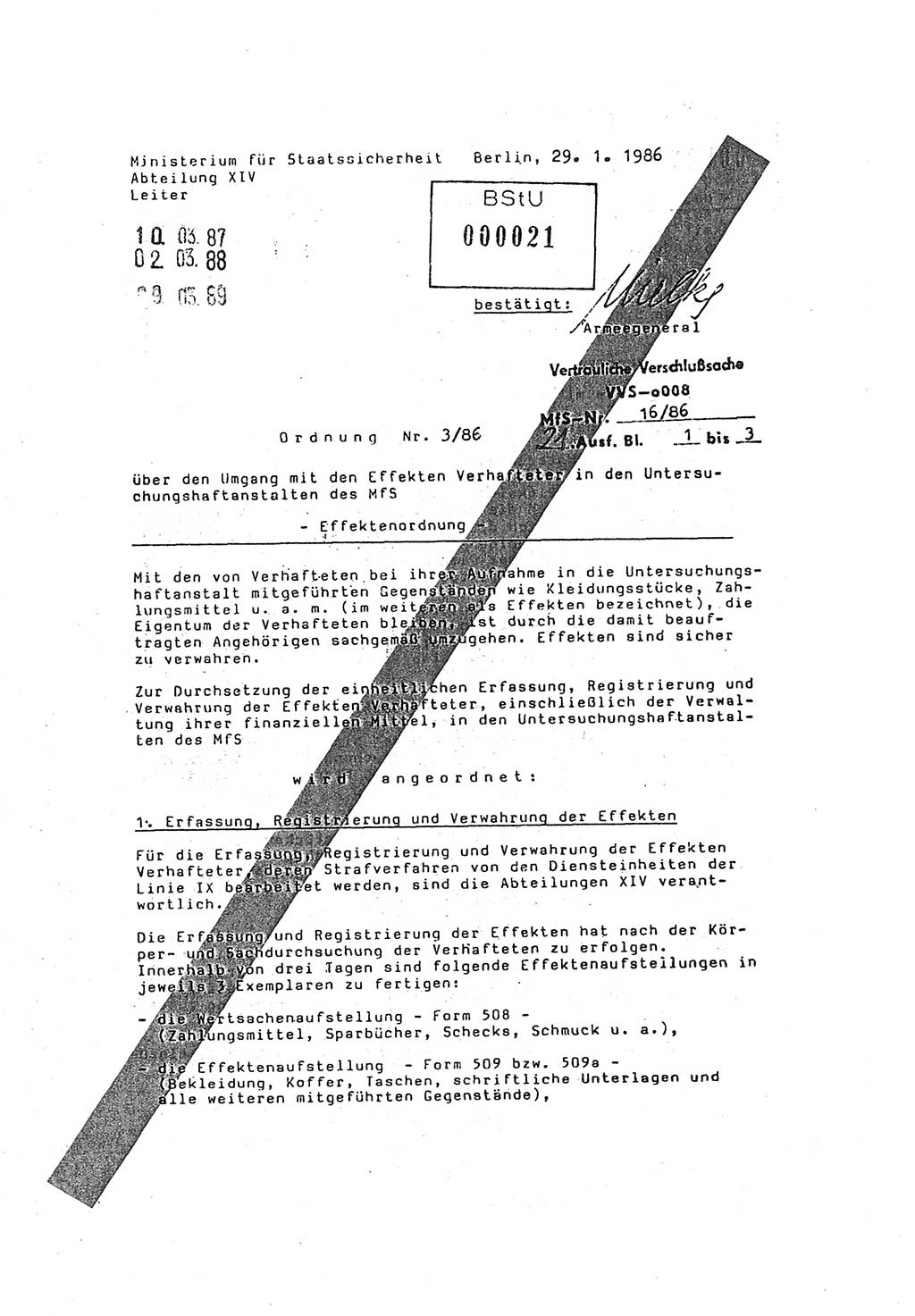 Ordnung Nr. 3/86 über den Umgang mit den Effekten Verhafteter (Effektenordnung) in den Untersuchungshaftanstalten (UHA) des MfS (Ministerium für Staatssicherheit) [Deutsche Demokratische Republik (DDR)], Abteilung ⅩⅣ, Leiter, Vertrauliche Verschlußsache (VVS) o008-16/86, Berlin, 29.1.1986, Seite 1 (Ordn. 3/86 UHA MfS DDR Abt. ⅩⅣ VVS o008-16/86 1986, S. 1)