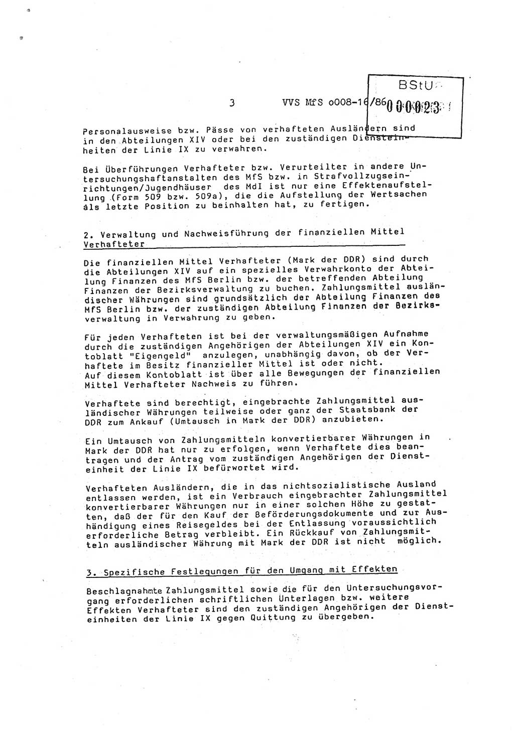 Ordnung Nr. 3/86 über den Umgang mit den Effekten Verhafteter (Effektenordnung) in den Untersuchungshaftanstalten (UHA) des MfS (Ministerium für Staatssicherheit) [Deutsche Demokratische Republik (DDR)], Abteilung ⅩⅣ, Leiter, Vertrauliche Verschlußsache (VVS) o008-16/86, Berlin, 29.1.1986, Seite 3 (Ordn. 3/86 UHA MfS DDR Abt. ⅩⅣ VVS o008-16/86 1986, S. 3)
