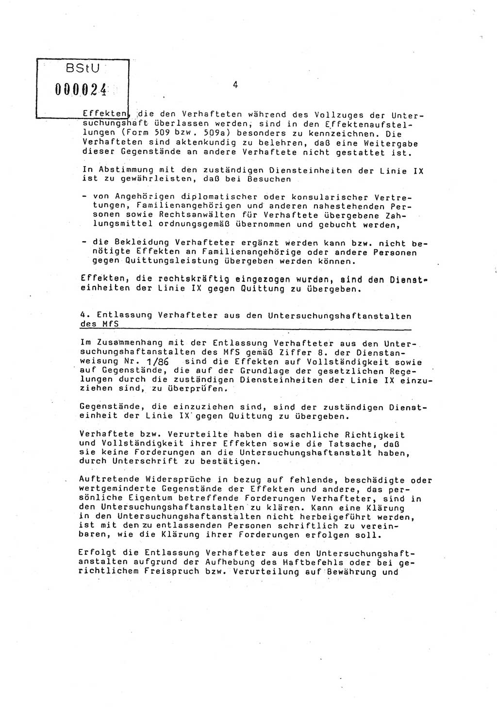 Ordnung Nr. 3/86 über den Umgang mit den Effekten Verhafteter (Effektenordnung) in den Untersuchungshaftanstalten (UHA) des MfS (Ministerium für Staatssicherheit) [Deutsche Demokratische Republik (DDR)], Abteilung ⅩⅣ, Leiter, Vertrauliche Verschlußsache (VVS) o008-16/86, Berlin, 29.1.1986, Seite 4 (Ordn. 3/86 UHA MfS DDR Abt. ⅩⅣ VVS o008-16/86 1986, S. 4)