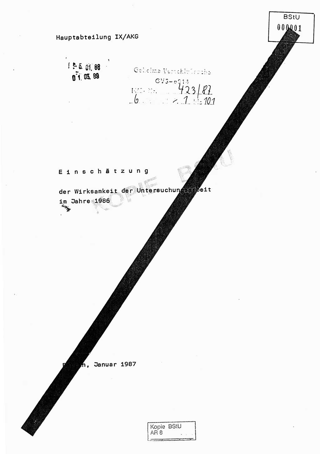 Jahresbericht der Hauptabteilung (HA) Ⅸ 1986, Einschätzung der Wirksamkeit der Untersuchungsarbeit im Jahre 1986, Ministerium für Staatssicherheit (MfS) der Deutschen Demokratischen Republik (DDR), Hauptabteilung Ⅸ, Geheime Verschlußsache (GVS) o014-423/87, Berlin 1987, Seite 1 (Einsch. MfS DDR HA Ⅸ GVS o014-423/87 1986, S. 1)