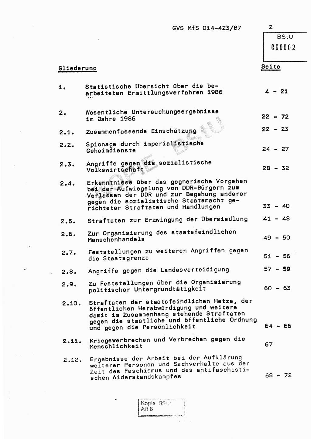 Jahresbericht der Hauptabteilung (HA) Ⅸ 1986, Einschätzung der Wirksamkeit der Untersuchungsarbeit im Jahre 1986, Ministerium für Staatssicherheit (MfS) der Deutschen Demokratischen Republik (DDR), Hauptabteilung Ⅸ, Geheime Verschlußsache (GVS) o014-423/87, Berlin 1987, Seite 2 (Einsch. MfS DDR HA Ⅸ GVS o014-423/87 1986, S. 2)