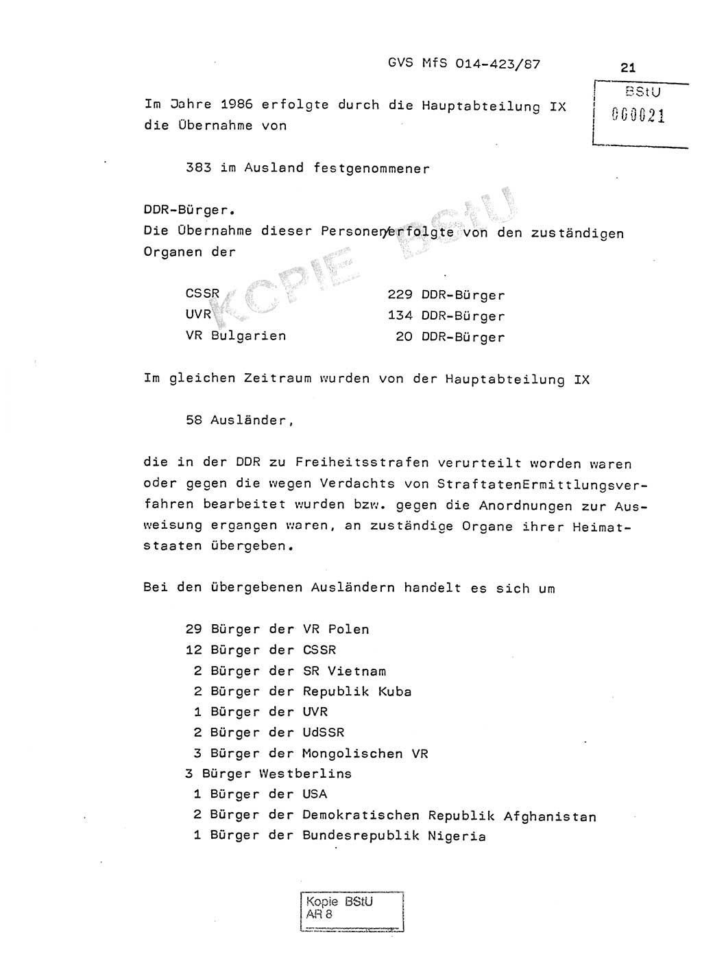 Jahresbericht der Hauptabteilung (HA) Ⅸ 1986, Einschätzung der Wirksamkeit der Untersuchungsarbeit im Jahre 1986, Ministerium für Staatssicherheit (MfS) der Deutschen Demokratischen Republik (DDR), Hauptabteilung Ⅸ, Geheime Verschlußsache (GVS) o014-423/87, Berlin 1987, Seite 21 (Einsch. MfS DDR HA Ⅸ GVS o014-423/87 1986, S. 21)