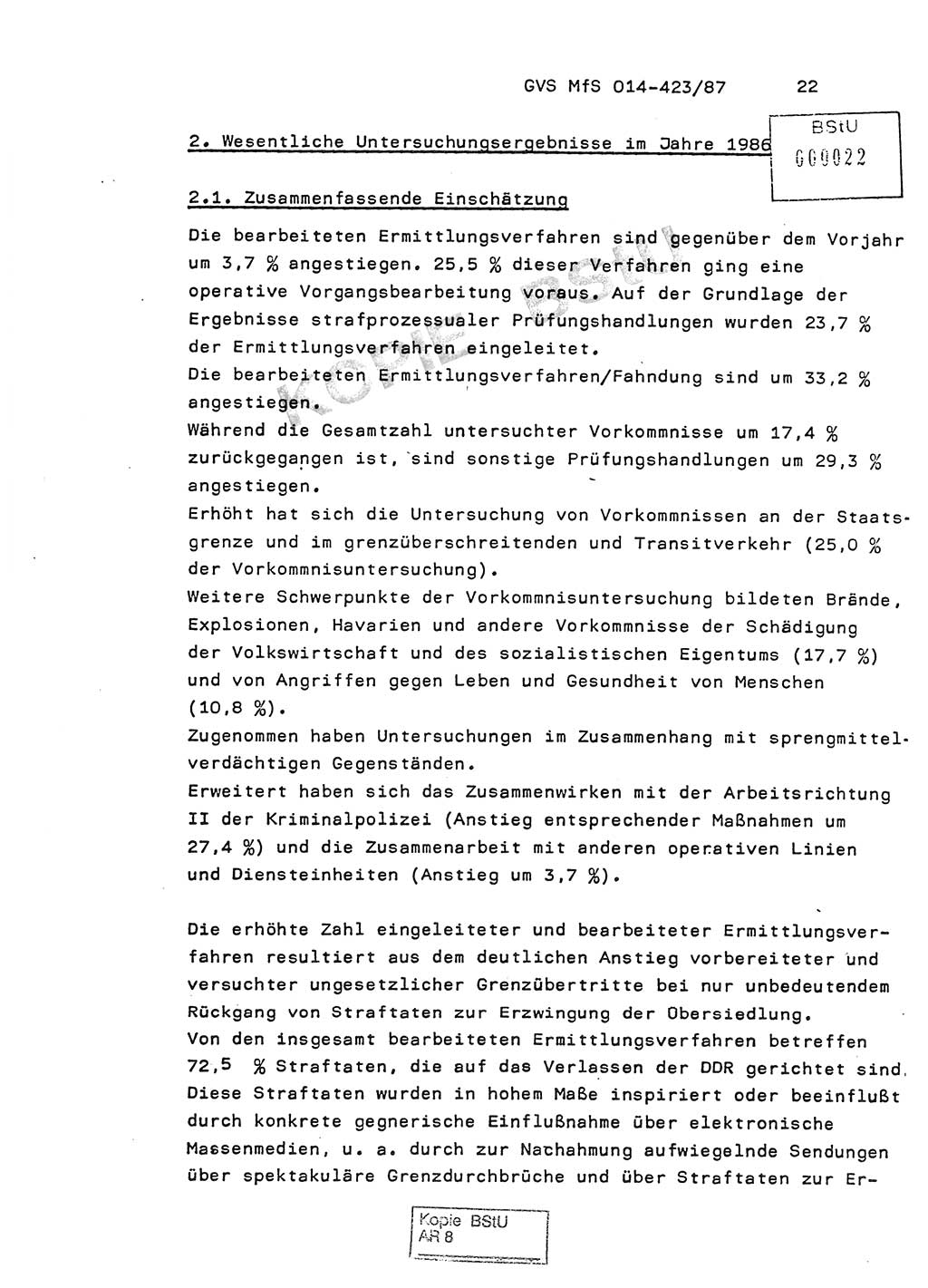 Jahresbericht der Hauptabteilung (HA) Ⅸ 1986, Einschätzung der Wirksamkeit der Untersuchungsarbeit im Jahre 1986, Ministerium für Staatssicherheit (MfS) der Deutschen Demokratischen Republik (DDR), Hauptabteilung Ⅸ, Geheime Verschlußsache (GVS) o014-423/87, Berlin 1987, Seite 22 (Einsch. MfS DDR HA Ⅸ GVS o014-423/87 1986, S. 22)