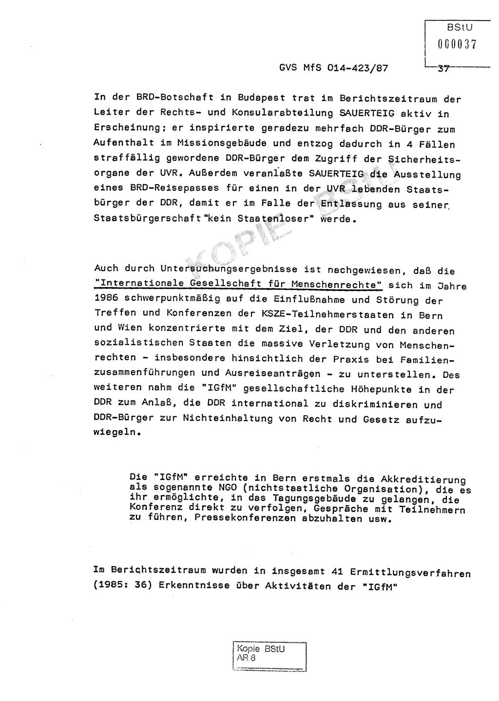 Jahresbericht der Hauptabteilung (HA) Ⅸ 1986, Einschätzung der Wirksamkeit der Untersuchungsarbeit im Jahre 1986, Ministerium für Staatssicherheit (MfS) der Deutschen Demokratischen Republik (DDR), Hauptabteilung Ⅸ, Geheime Verschlußsache (GVS) o014-423/87, Berlin 1987, Seite 37 (Einsch. MfS DDR HA Ⅸ GVS o014-423/87 1986, S. 37)