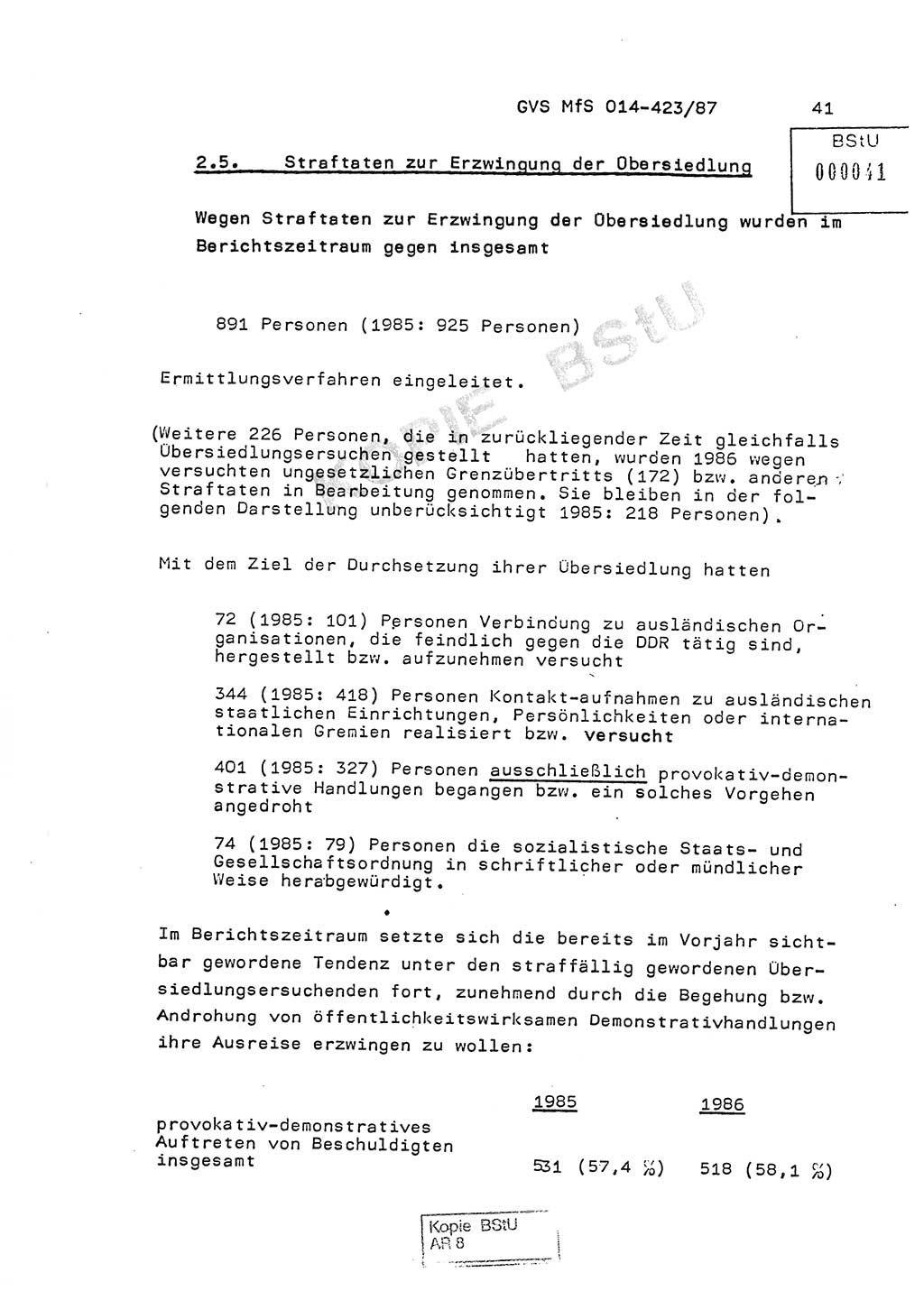 Jahresbericht der Hauptabteilung (HA) Ⅸ 1986, Einschätzung der Wirksamkeit der Untersuchungsarbeit im Jahre 1986, Ministerium für Staatssicherheit (MfS) der Deutschen Demokratischen Republik (DDR), Hauptabteilung Ⅸ, Geheime Verschlußsache (GVS) o014-423/87, Berlin 1987, Seite 41 (Einsch. MfS DDR HA Ⅸ GVS o014-423/87 1986, S. 41)