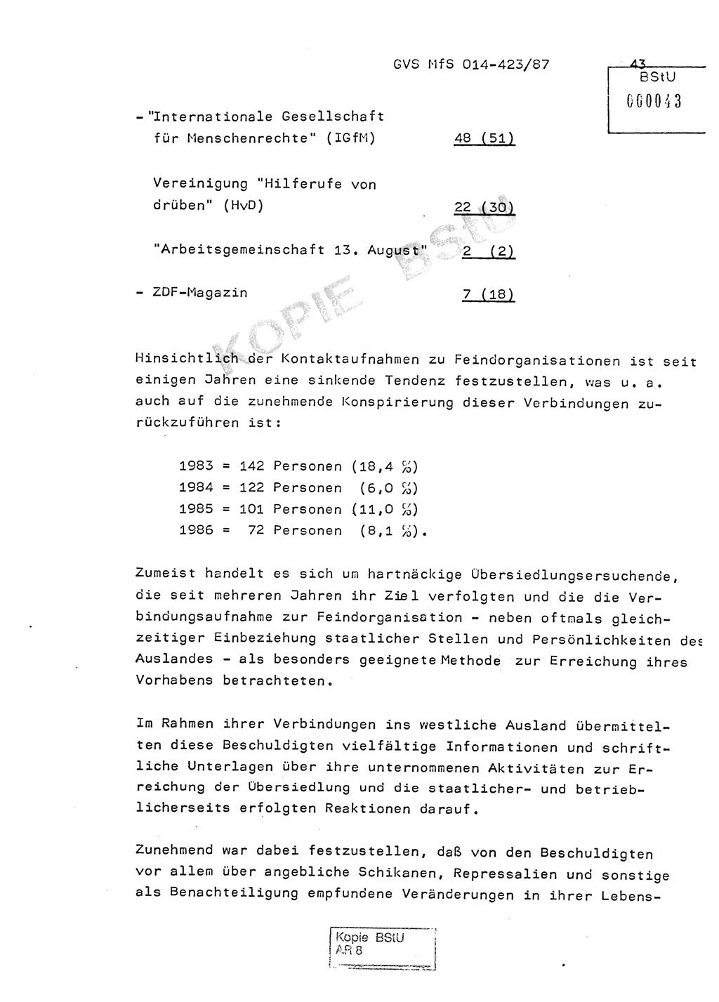 Jahresbericht der Hauptabteilung (HA) Ⅸ 1986, Einschätzung der Wirksamkeit der Untersuchungsarbeit im Jahre 1986, Ministerium für Staatssicherheit (MfS) der Deutschen Demokratischen Republik (DDR), Hauptabteilung Ⅸ, Geheime Verschlußsache (GVS) o014-423/87, Berlin 1987, Seite 43 (Einsch. MfS DDR HA Ⅸ GVS o014-423/87 1986, S. 43)